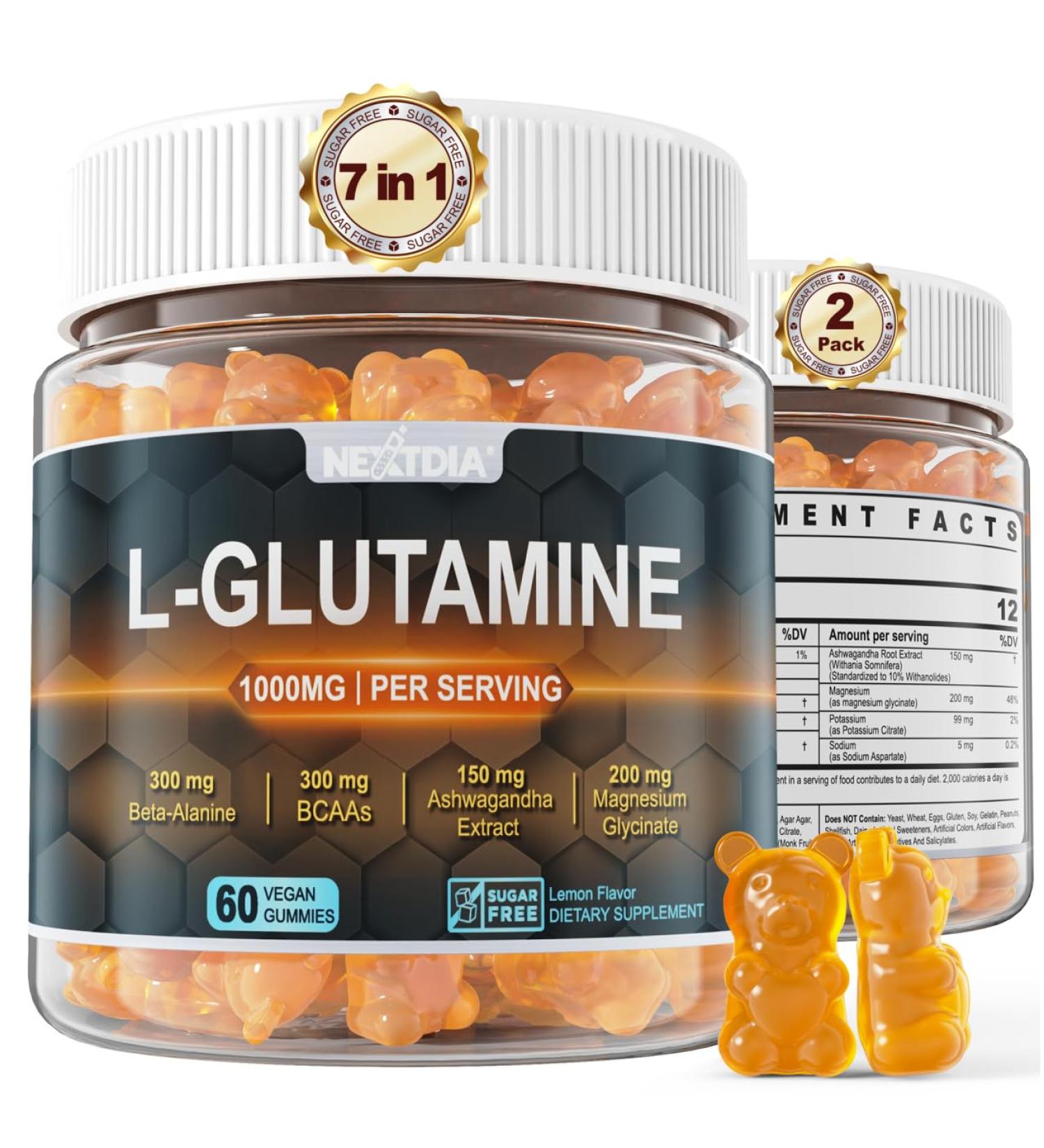 L-Glutamine 1000mg Gummies for Women & Men| with Beta-Alanine, BCAAs, Magnesium Glycinate, Potassium & Ashwagandha | Vegan | Sugar-Free & Extra-Chewy | 120 Counts 60 Count (Pack of 2) - Buy Online on GoSupps.com