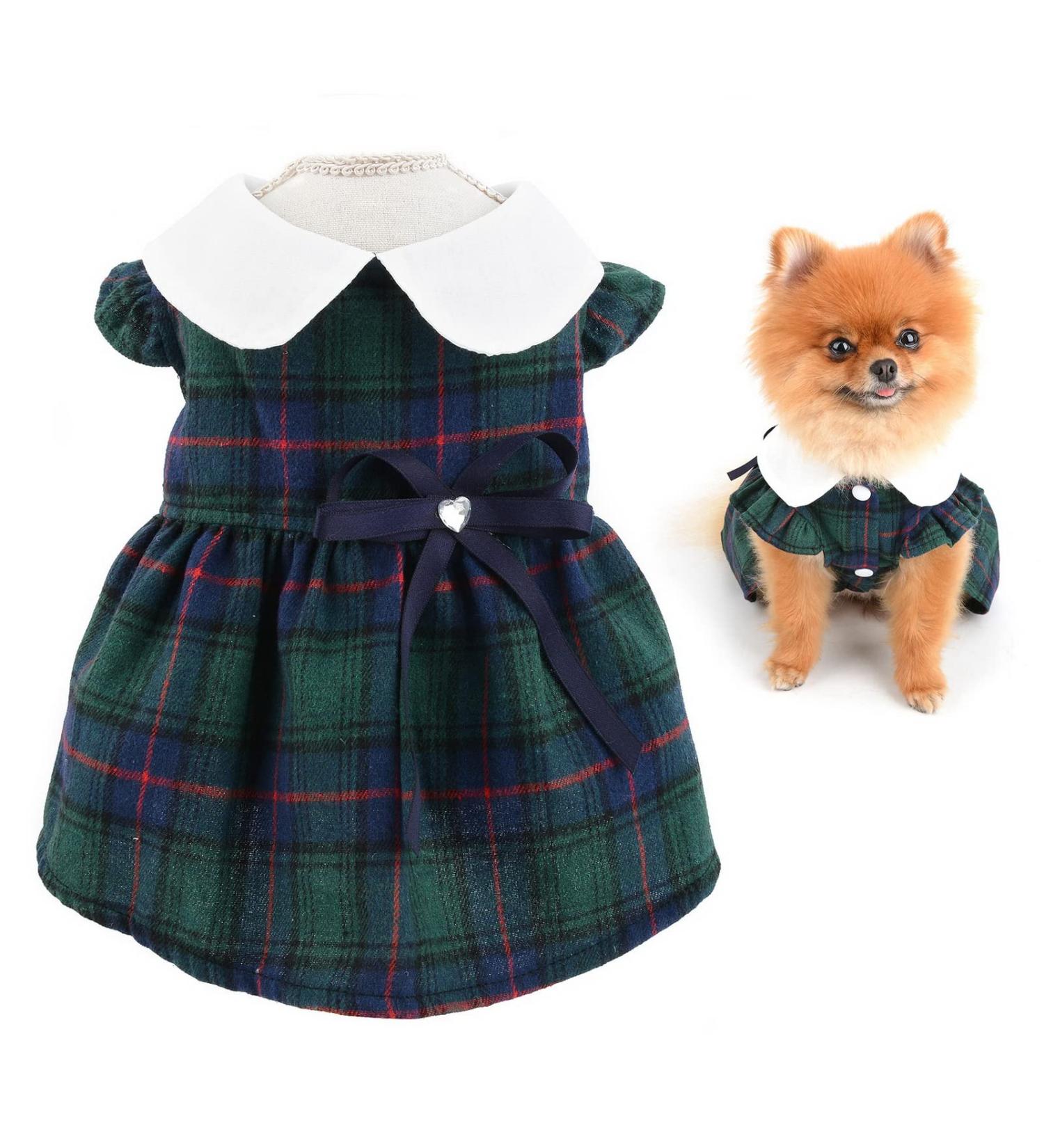 SMALLLEE_LUCKY_STORE Vintage Scottish Plaid Luxury Bow Girls Dog Dress Elegant Pincess Spring Summer Apparel Clothes for Small Pets Kitten Christmas Outfits Puppy Costume Green L L green - Buy Online on GoSupps.com