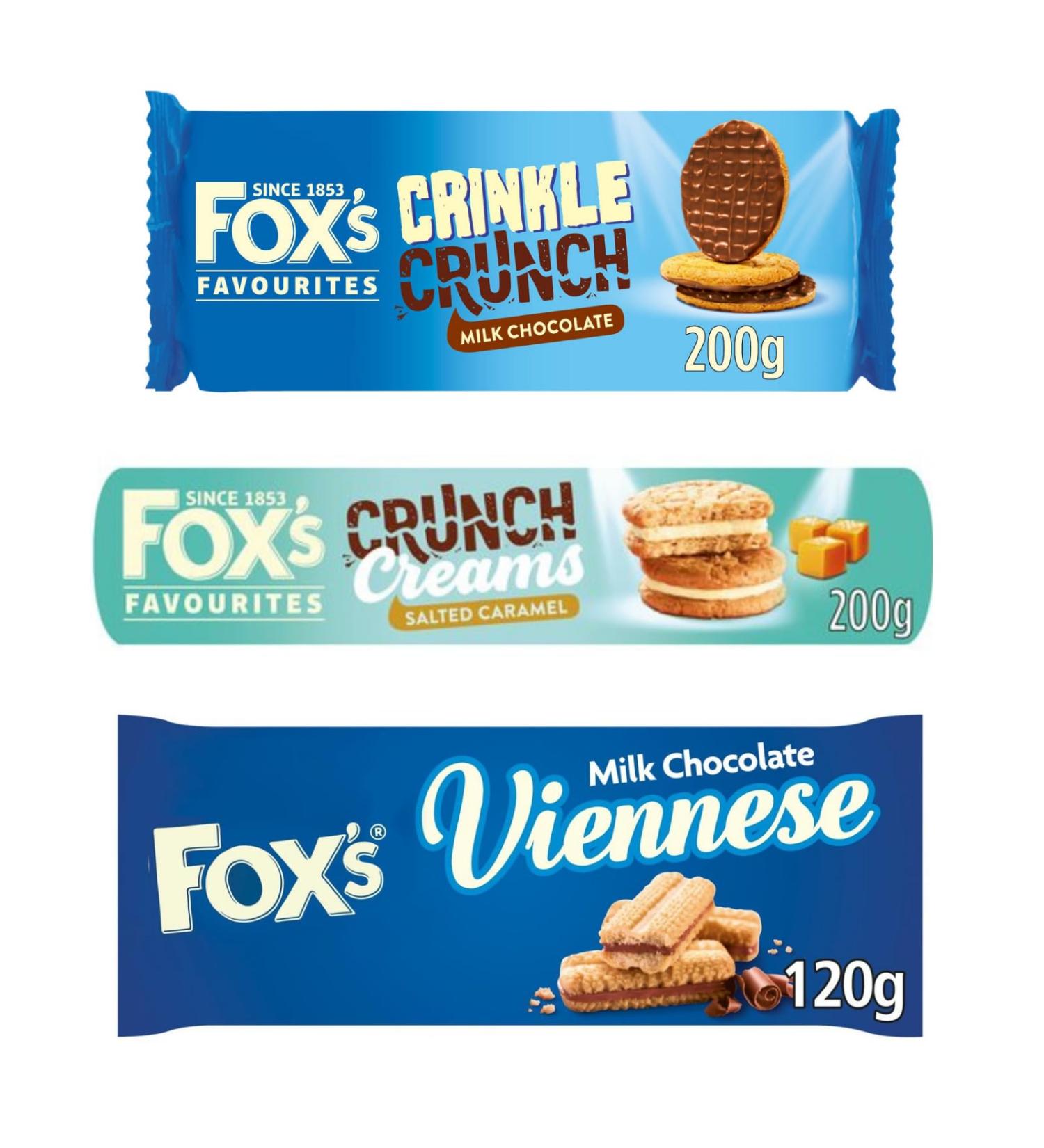 Biscuit Bundle Containing Fox's Salted Caramel Crunch Cream Biscuits Fox's Favourites Crinkle Crunch Milk Chocolate Fox's Biscuits Viennese Milk Chocolate Dipped Fingers - Buy Online on GoSupps.com
