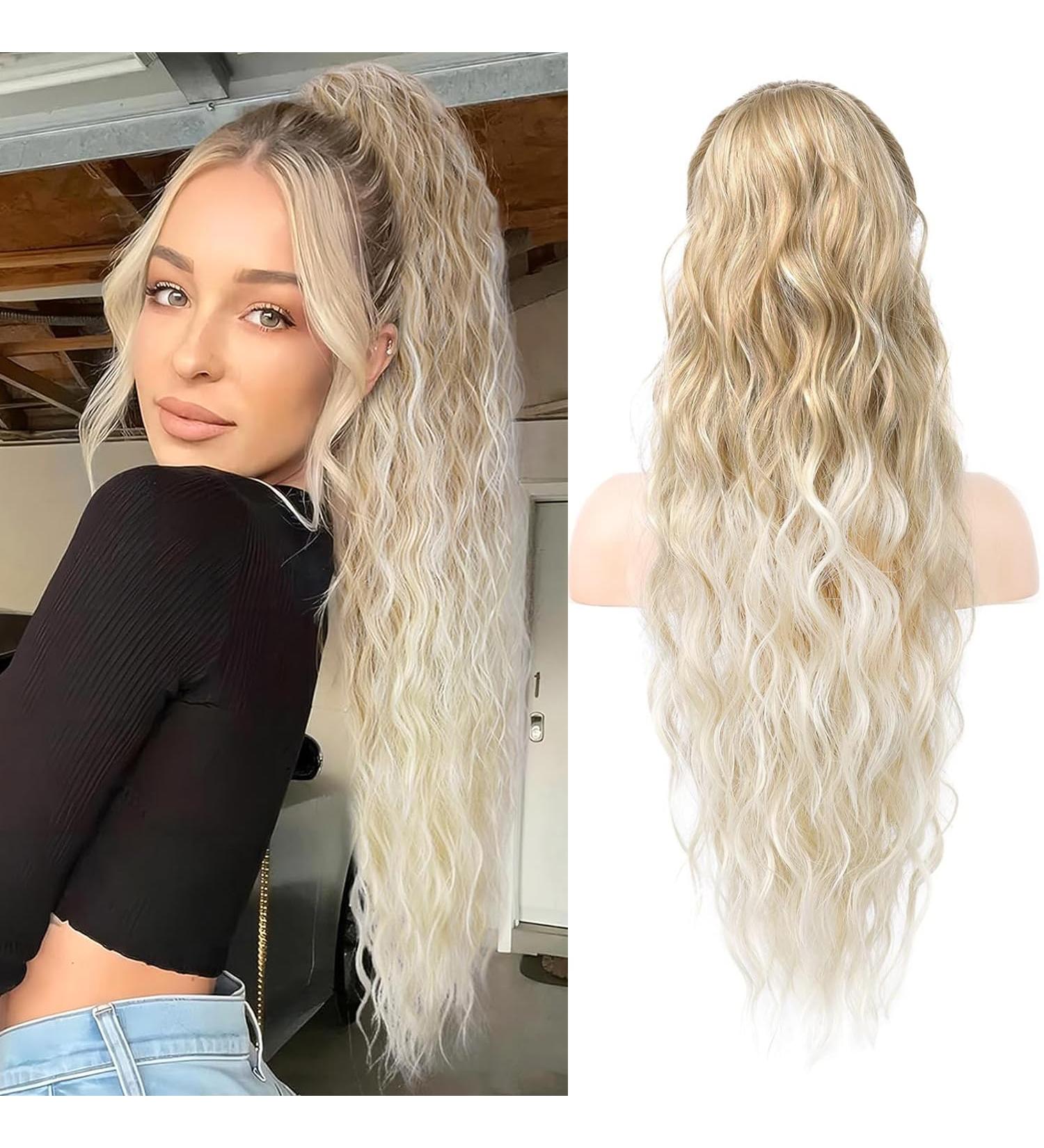 Shop Porsmeer 30 inch Curly Wavy Clip-In Ponytail Extension - Light Brown Mixed Platinum | Natural Synthetic Hair for Women - Buy Online on GoSupps.com