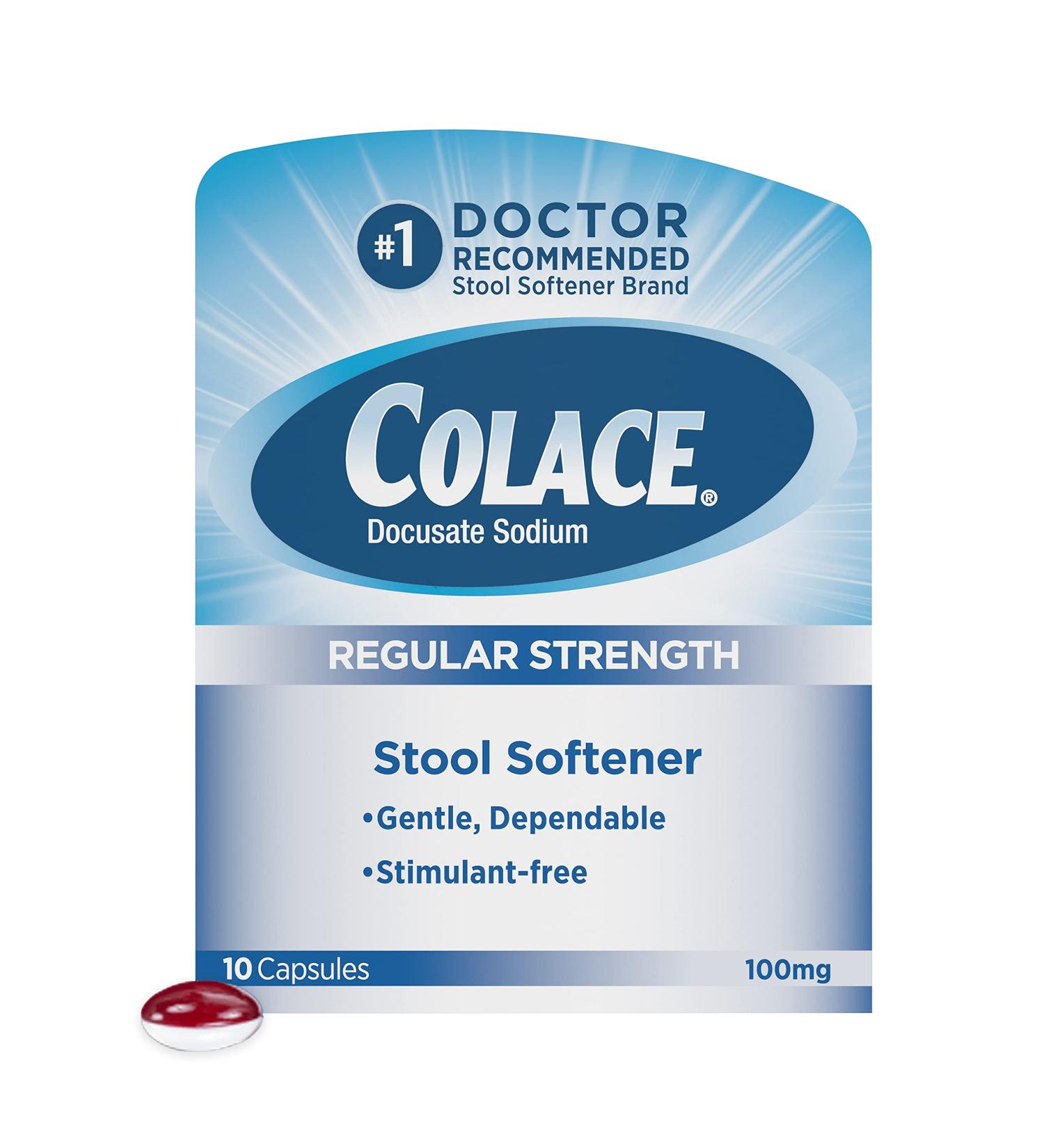Colace Regular Strength Stool Softener 100 mg Capsules - 10 Count for Gentle Relief - Buy Online on GoSupps.com