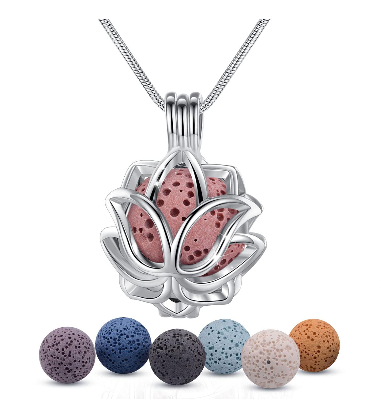 INFUSEU Essential Oil Diffuser Necklace - Aromatherapy Jewelry with Lotus Flower Pendant & 7 Lava Rock Stones for Women & Teen Girls - Buy Online on GoSupps.com