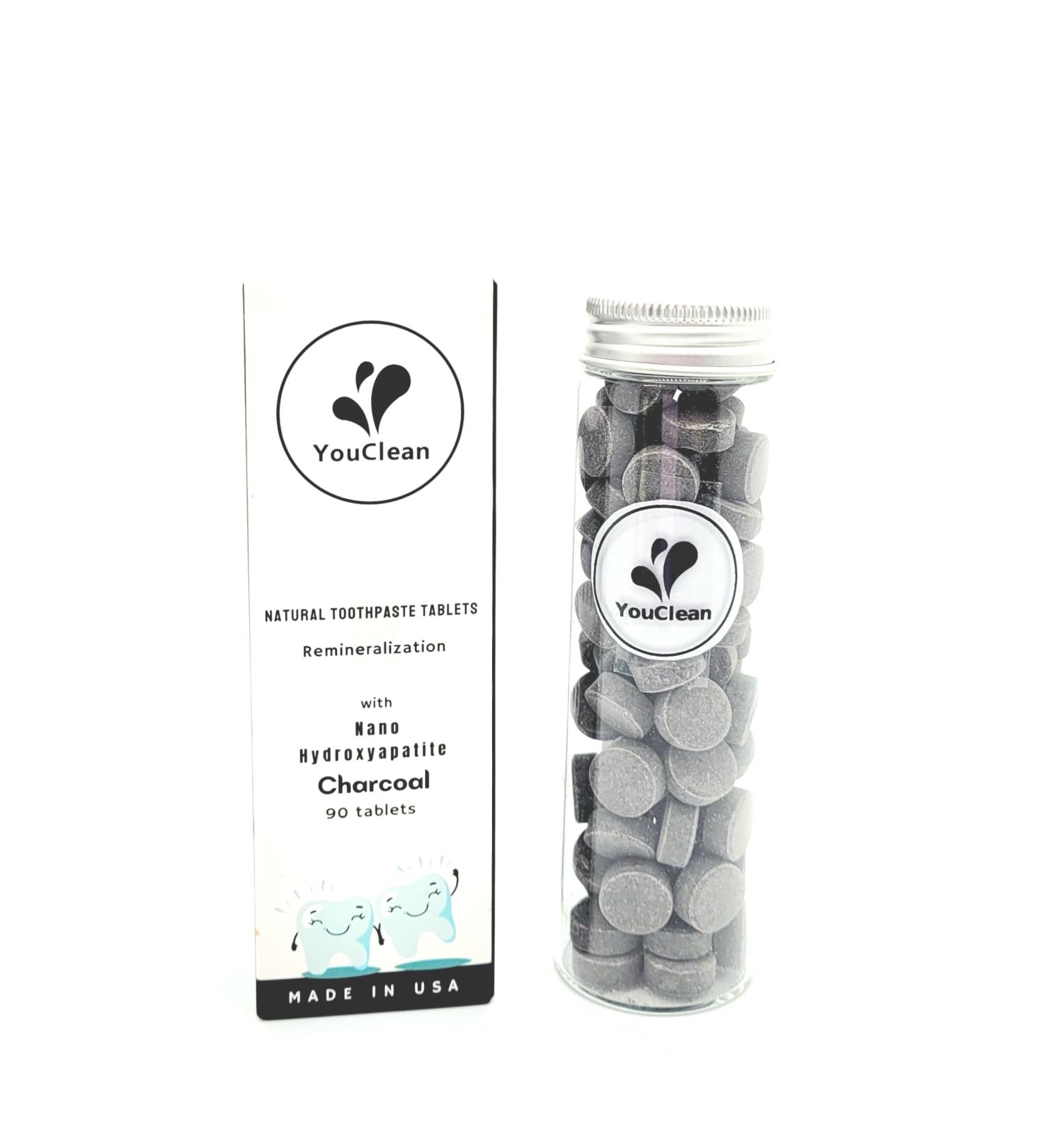 90 Charcoal Mint Toothpaste Tablets - Eco-Friendly Refill Glass Tube Nano Hydroxyapatite Fluoride-Free Vegan - Perfect for Travel & Home Office - Buy Online on GoSupps.com