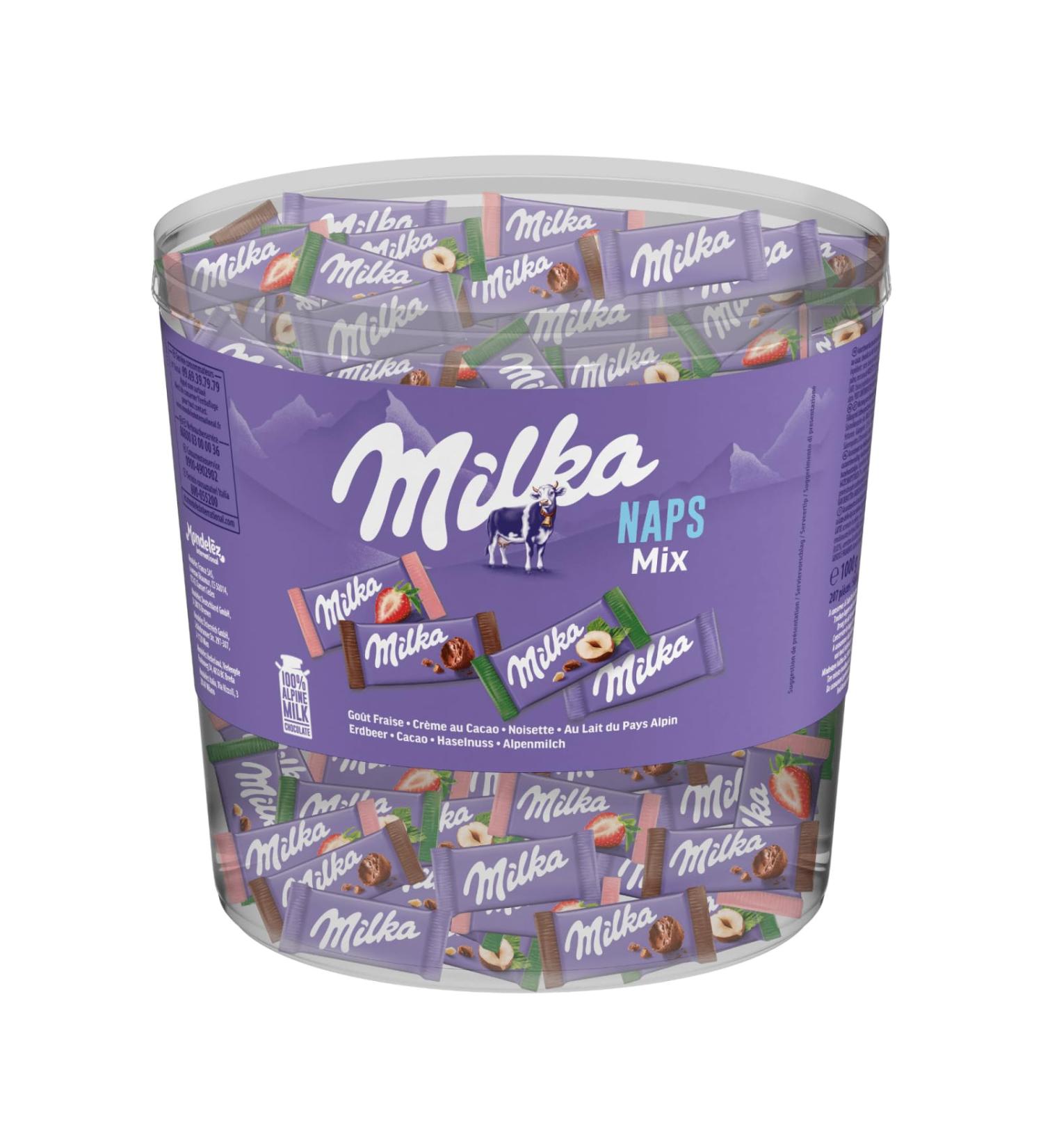 Milka Milka NAPS Mix Chocolate Bars Alpine Milk / Hazelnut / Cocoa Cream / Strawberry Transparent Box 218 x 4.6 g (1 kg)