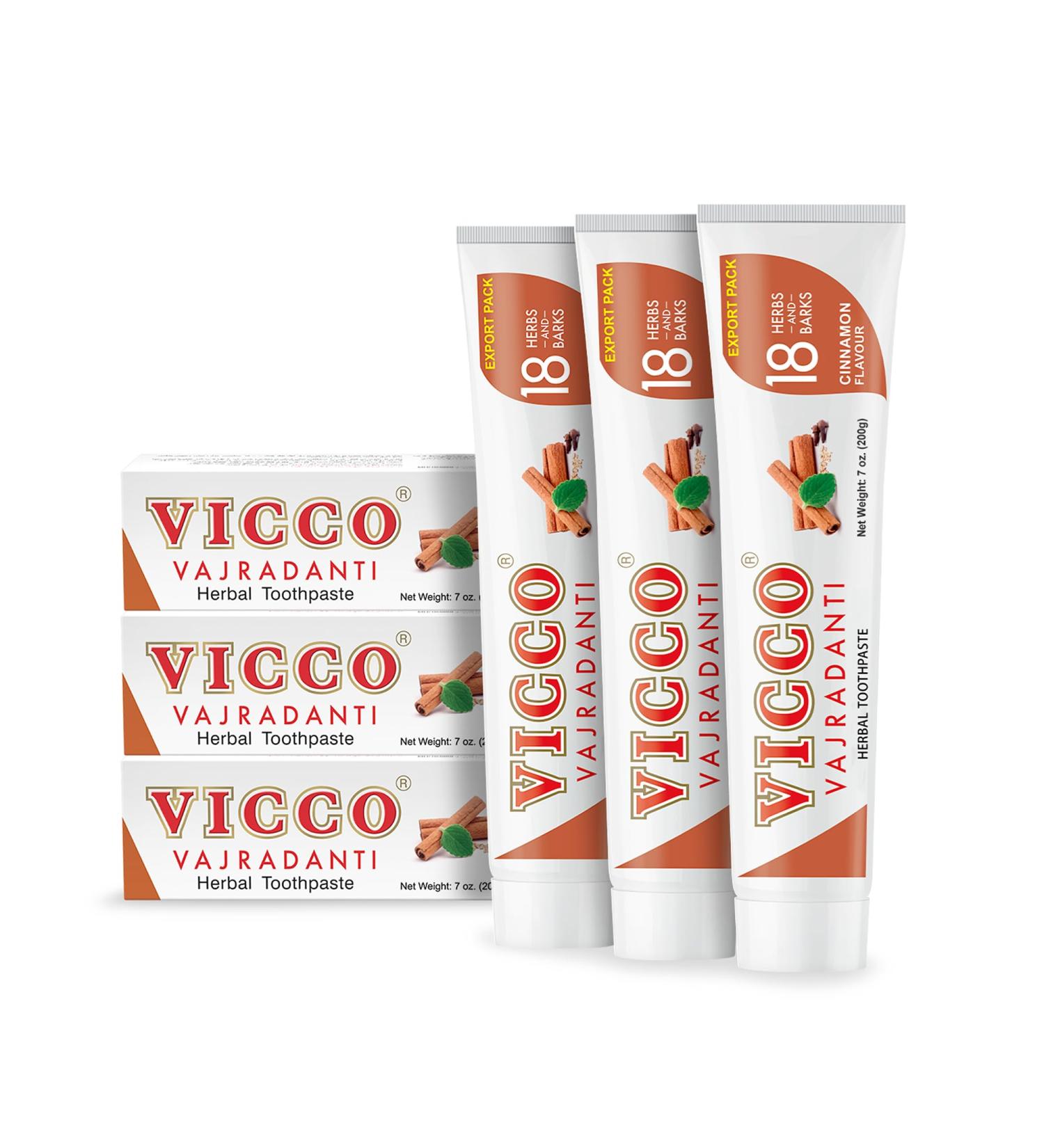 Vicco Vajradanti Herbal Toothpaste - Cinnamon Flavor | 100% Natural Vegan Cruelty-Free | 18 Herbs Astringent & Analgesic | Pack of 3 x 7oz - Buy Online on GoSupps.com