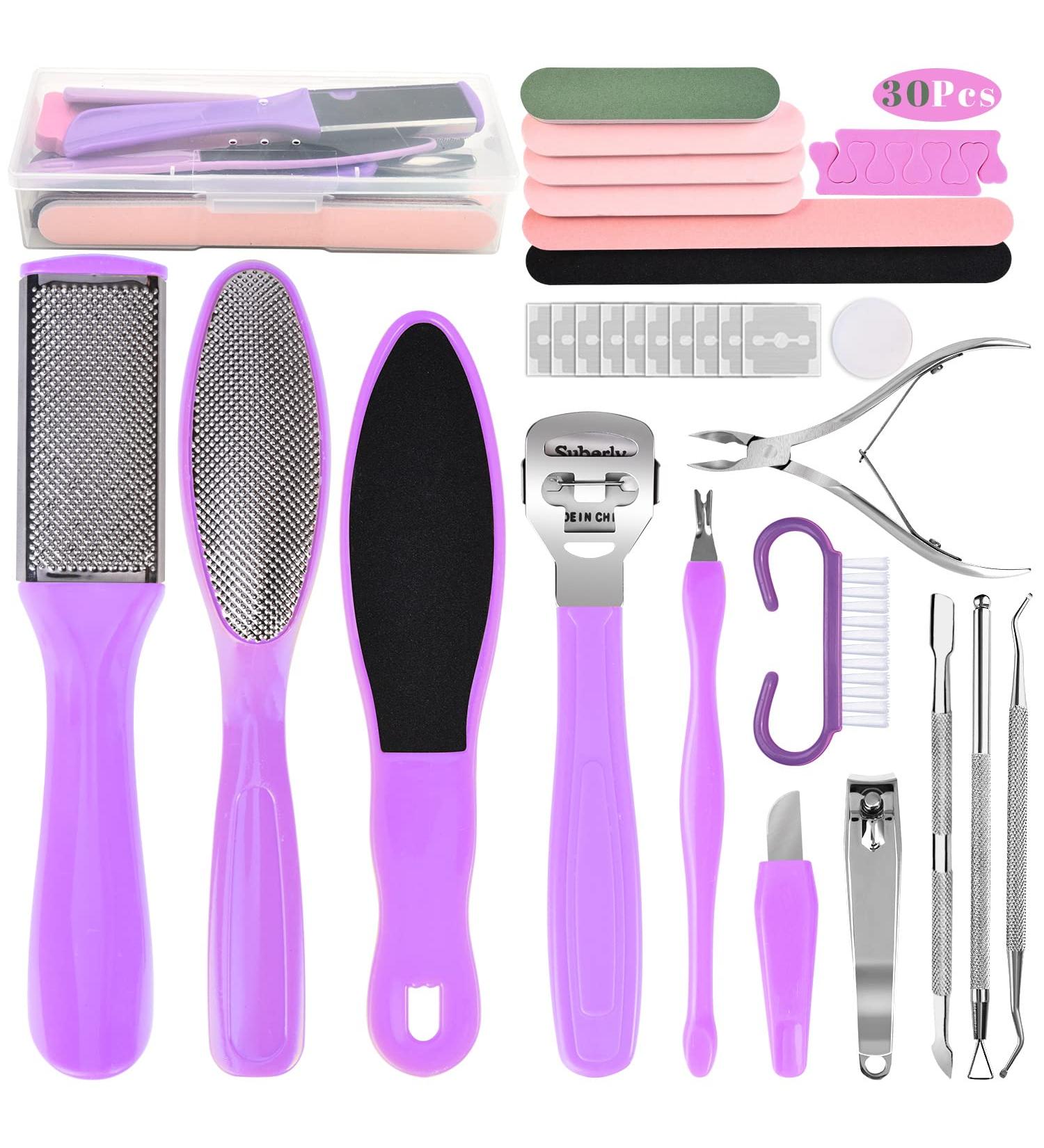 Pedicure Foot File Set - 30 in 1 Foot Care Kit for Hard Skin Removal - Feet Scrubber for Salon or Home Use - Purple - Buy Online on GoSupps.com