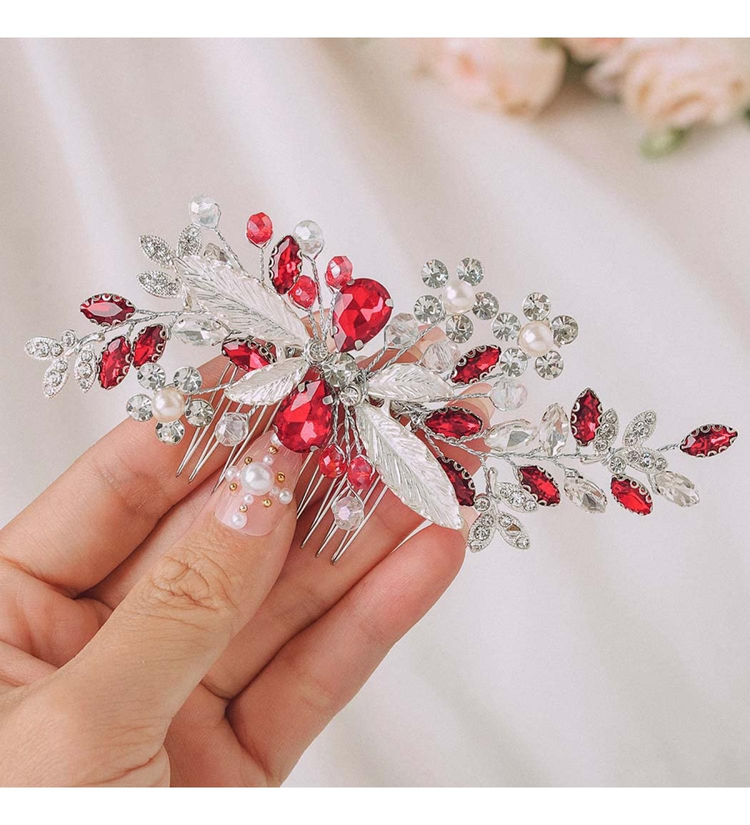 IYOU Bridal Wedding Hair Comb Red Crystal Hair Accessories Rhinestone Flower Headpiece Bride Bridesmaid Hair Pieces for Women - Buy Online on GoSupps.com