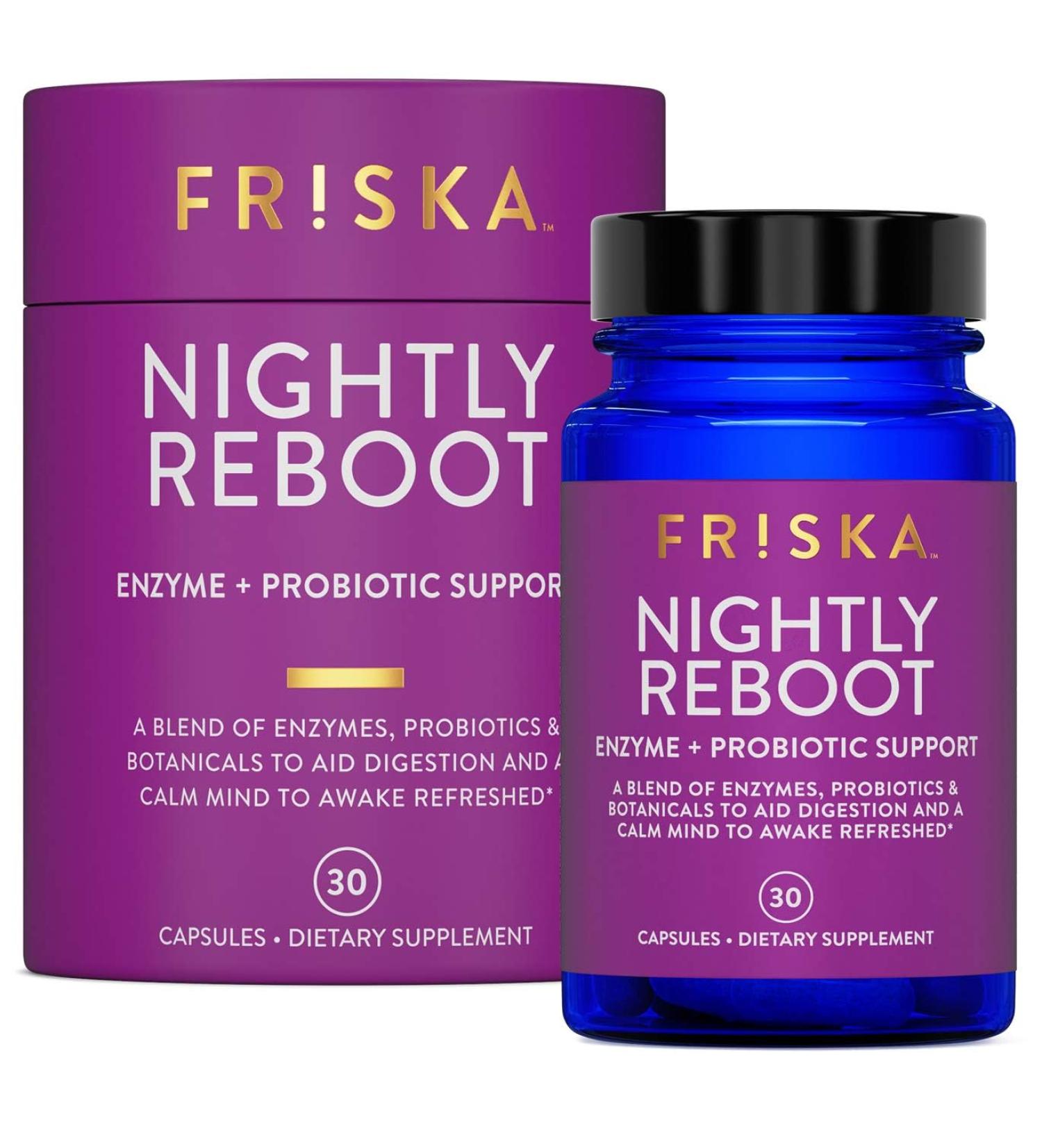 FRISKA Nightly Reboot Enzyme and Probiotics Supplement Promotes Better Digestion and Sleep Supports Gut Health for Men and Women Melatonin Chamomile 30 Capsules Nightly Reboot 30 Count (Pack of 1) - Buy Online on GoSupps.com