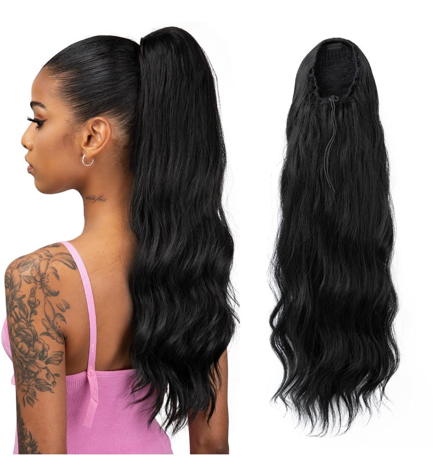 YUMOREAL Black Wavy Drawstring Ponytail Extension 22 Inch - Synthetic Heat-Resistant Fiber Hairpiece for Women - 1B (Natural Black) - Stylish and Versatile - Buy Online on GoSupps.com