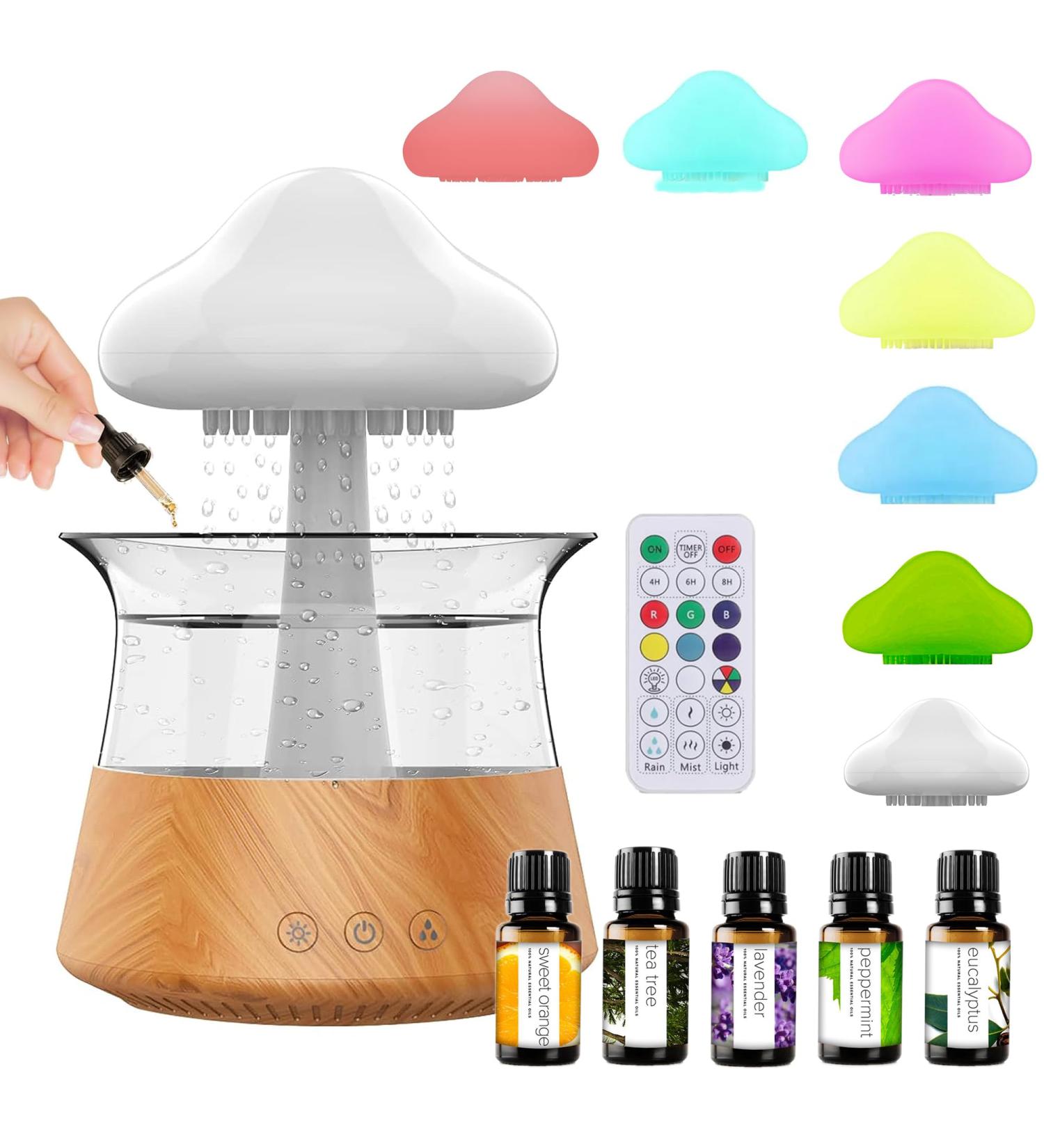Rain Cloud Humidifier with Essential Oils Set | 7-Color Aromatherapy Diffuser - Remote Control & Wooden Design for Bedroom - Buy Online on GoSupps.com