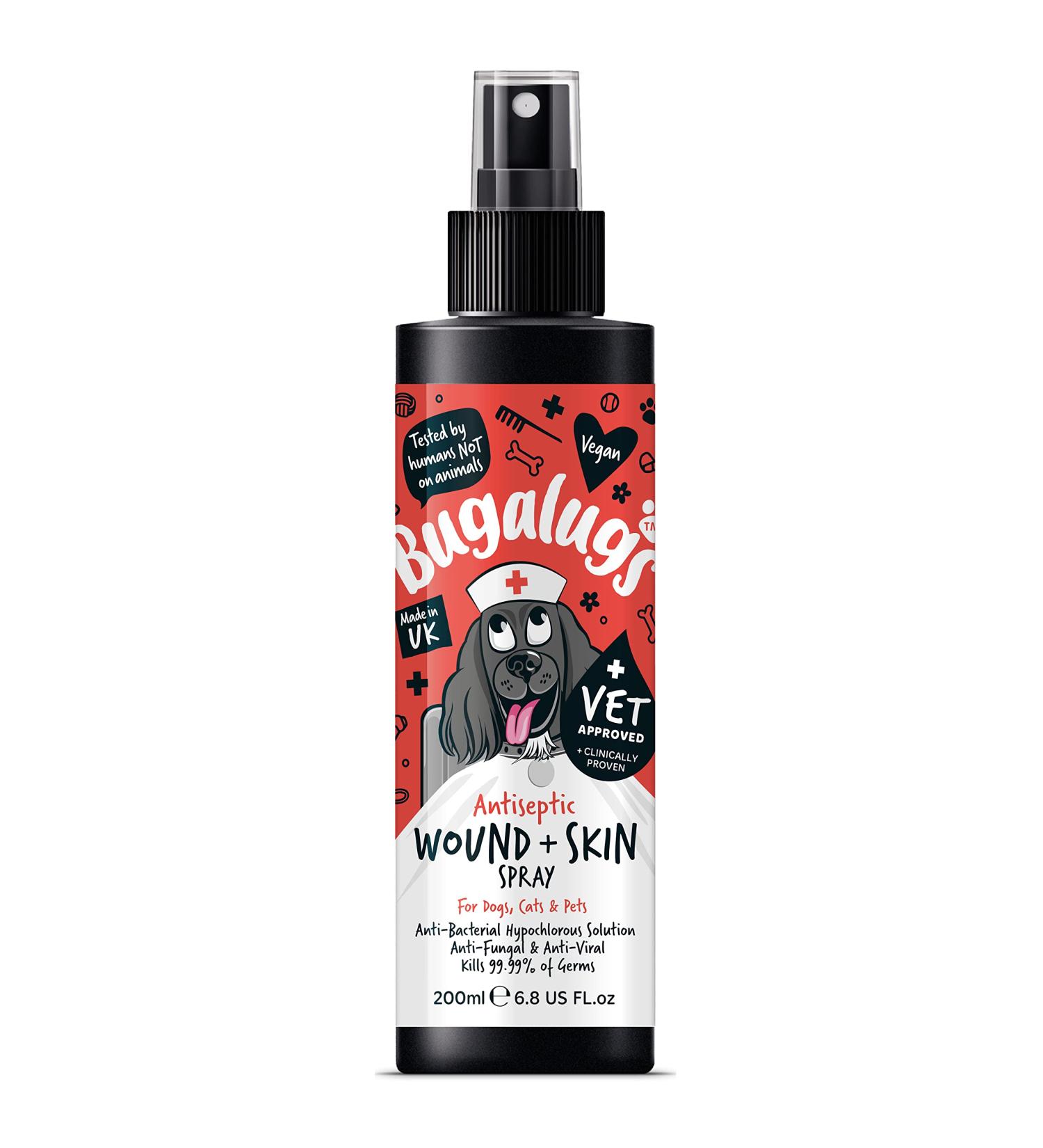 BUGALUGS Wound & Skin Antiseptic Spray 200ml - Antiviral Antifungal Relief for Itchy Dog Skin - Hypochlorous Acid Dog First Aid Kit - Buy Online on GoSupps.com