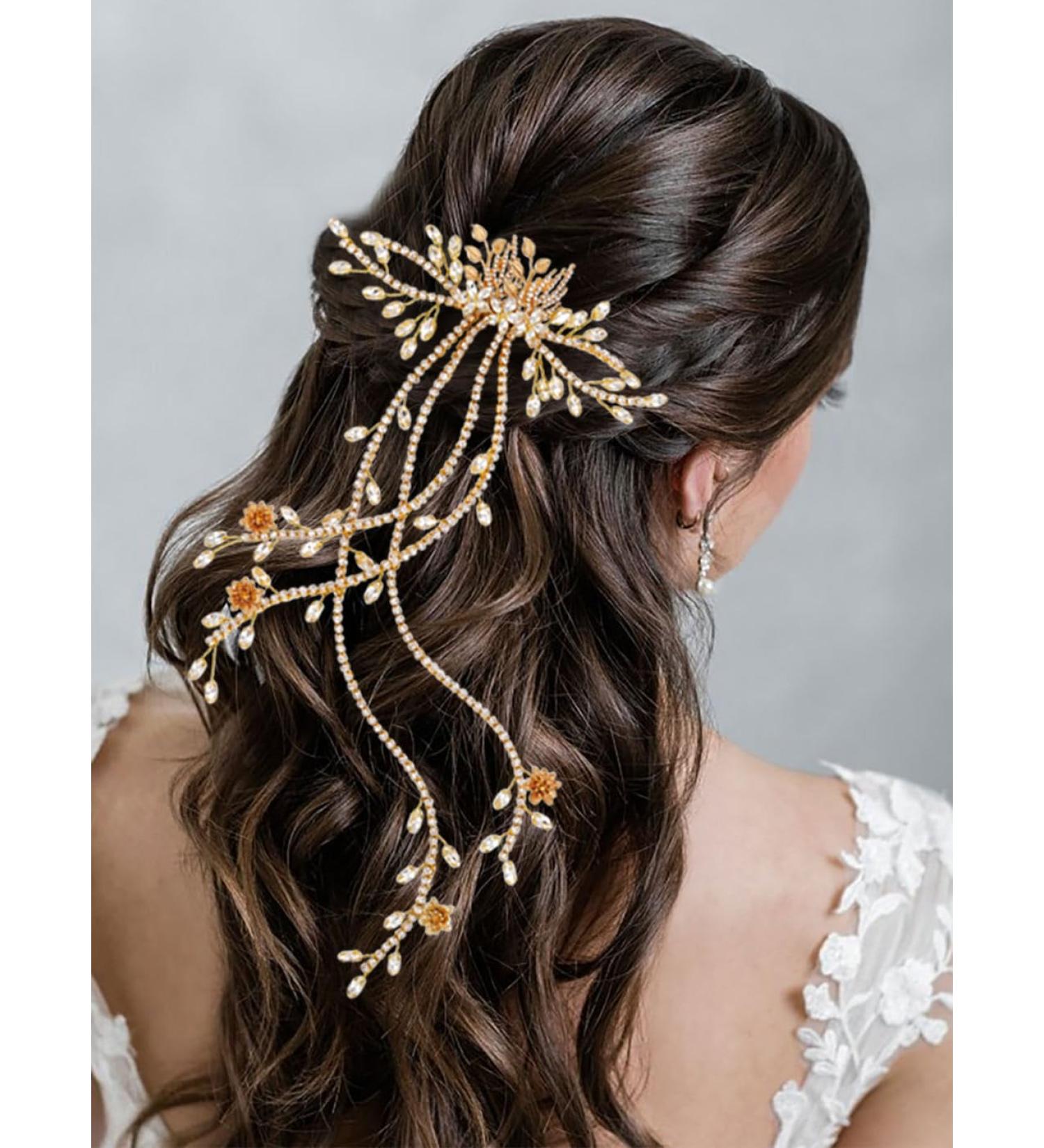 Zoestar Rhinestone Bridal Wedding Hair Comb Gold Flowers Headpiece Bridal Crystal Leaf Hair Accessories for Women and Girls - Buy Online on GoSupps.com
