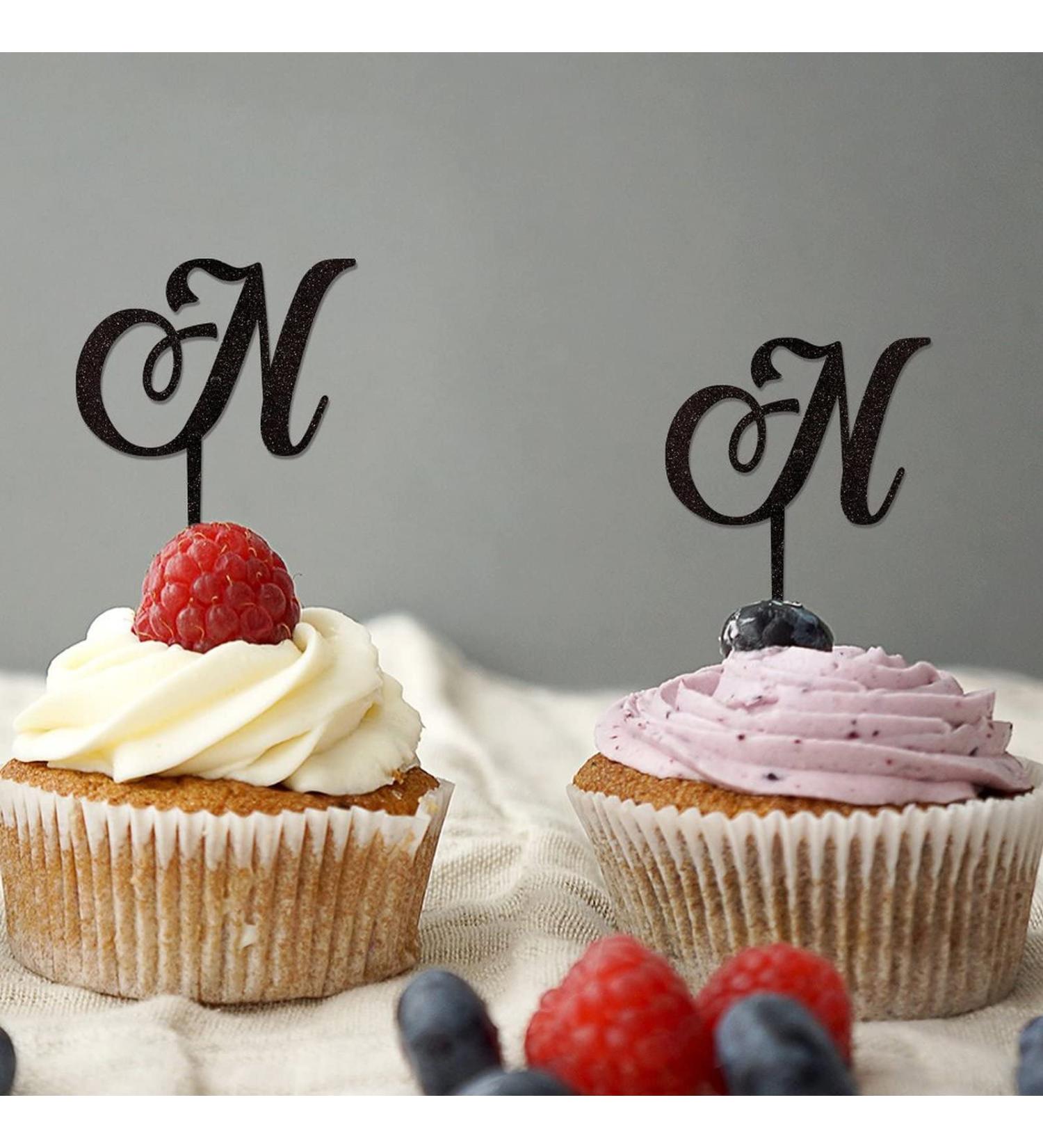 Initial N Cupcake Toppers Wedding Letter Monogram Name Glitter Black For Wedding Engagement Decorations Rustic Reusable Laurel Wreath Personalized 26Letters Birthday Gifts 6PCS Style-14 - Buy Online on GoSupps.com