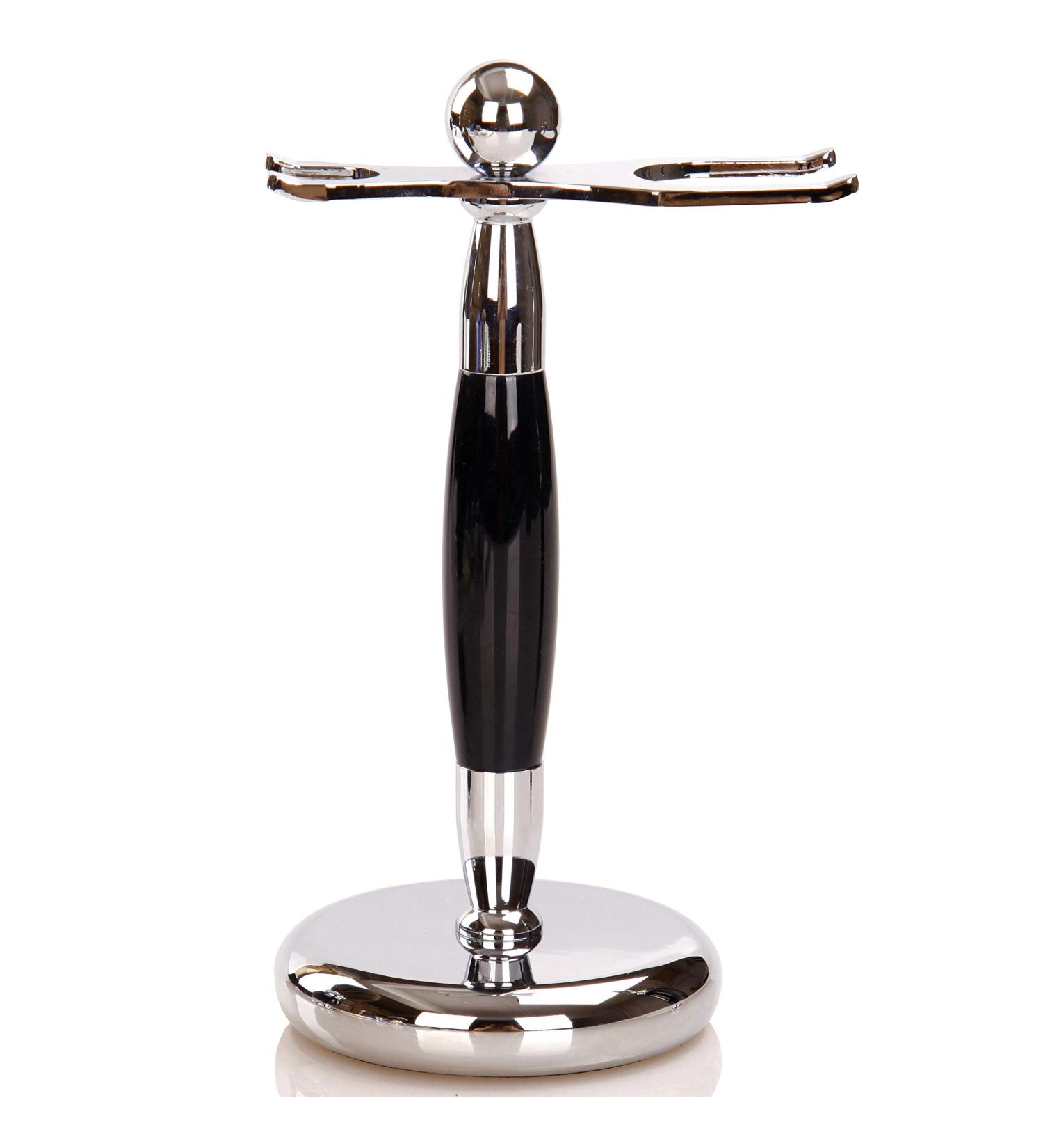 Stainless Steel Shaving Brush Stand Holder - Weighted Base, 31mm Brush Opening, Black Handle - Buy Online on GoSupps.com