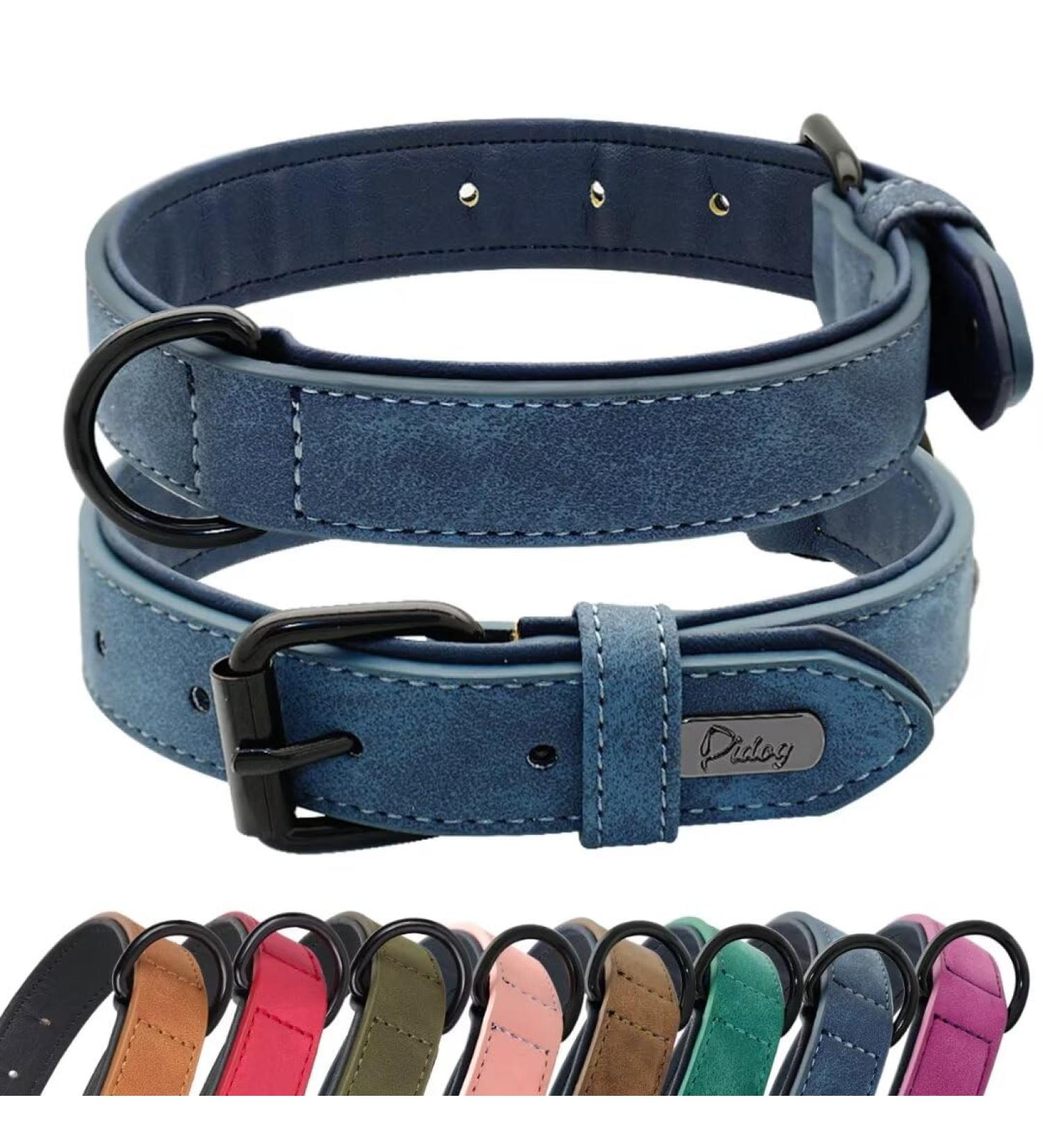Didog Blue Leather Dog Collar - Soft Padded Adjustable Stainless Steel Buckle - XL (40-50 cm) for Small Medium & Large Dogs - Buy Online on GoSupps.com
