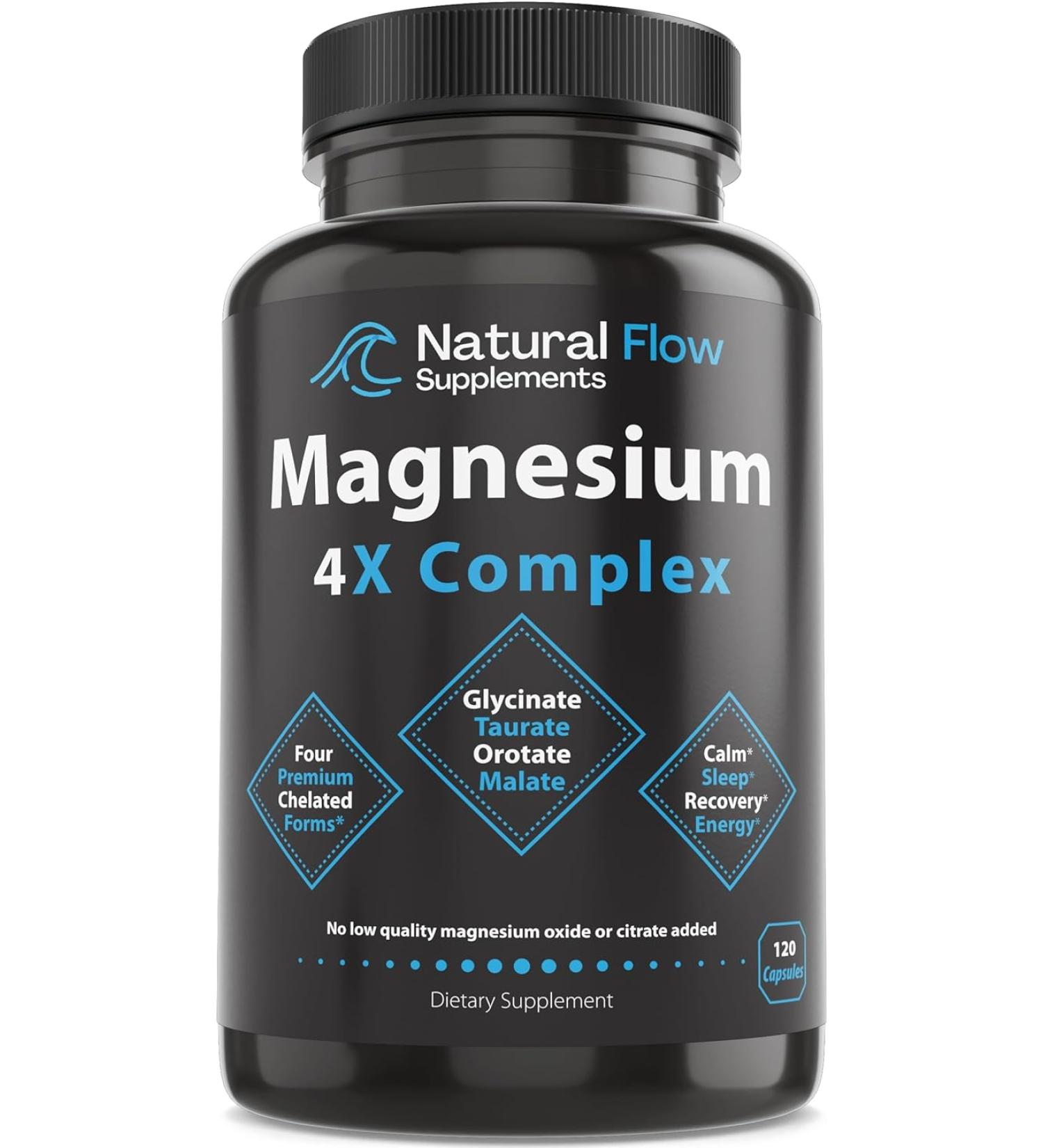 Natural Flow 4X Magnesium Supplement | Taurate, Glycinate, Malate & Orotate Complex | Calm Sleep & Cramp Support | 120 Capsules - Buy Online on GoSupps.com