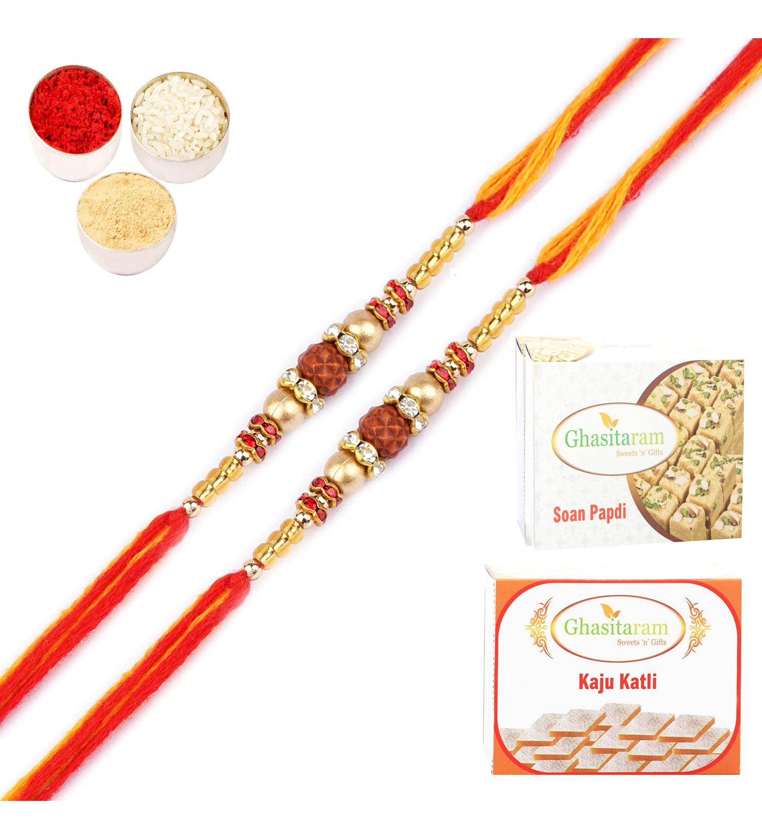 Ghasitaram Gifts Rakhi for Brother Rakhis Online - Set of 2 -Nbh-252- Rudraksh Rakhi with 200 GMS of Kaju katli and 200 GMS of Soan Papdi - Buy Online on GoSupps.com