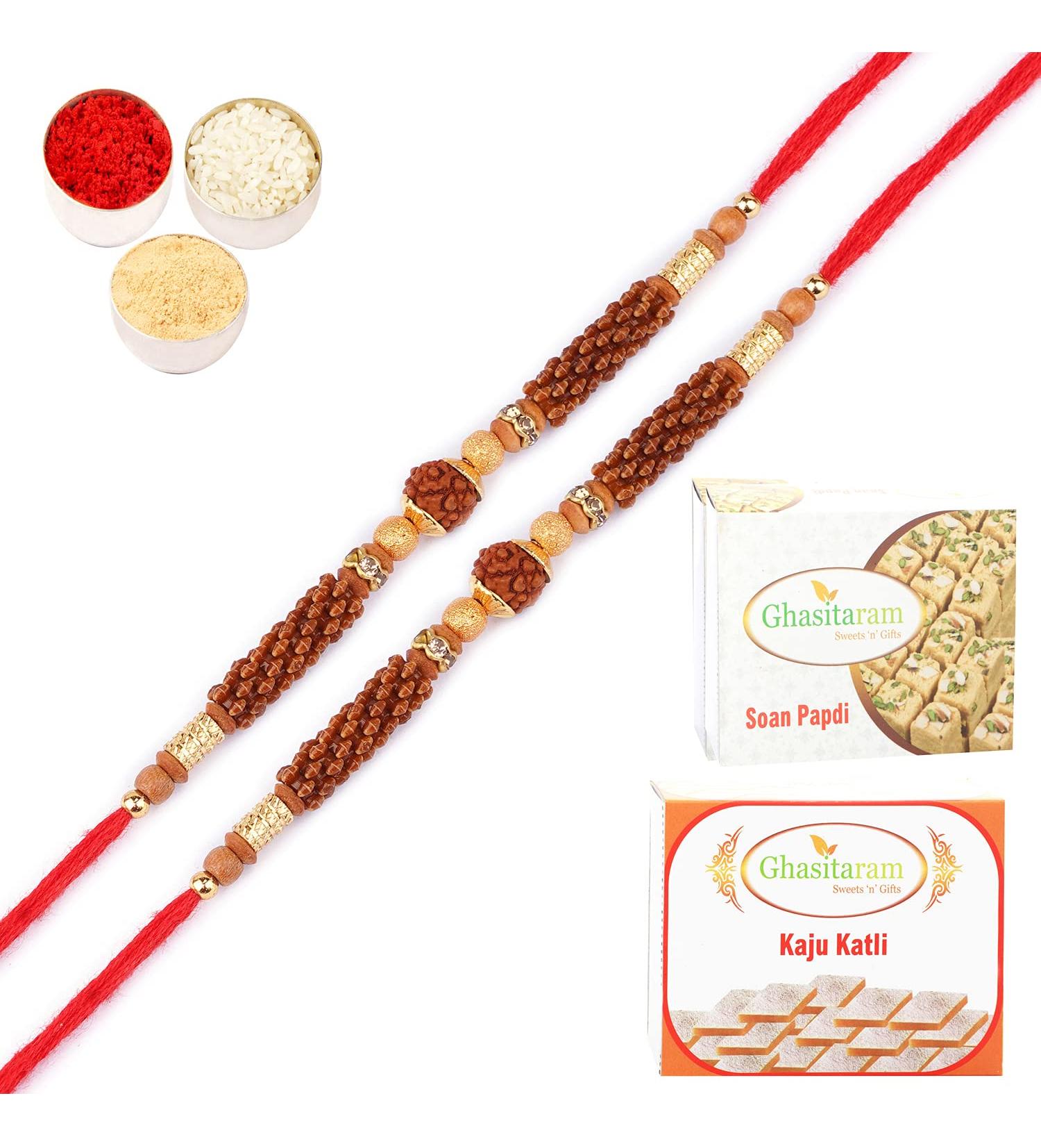Ghasitaram Gifts Rakhi for Brother Rakhis Online - Set of 2- LD-7518 Rudraksh Rakhi with 200 GMS of Kaju katli and 200 GMS of Soan Papdi - Buy Online on GoSupps.com