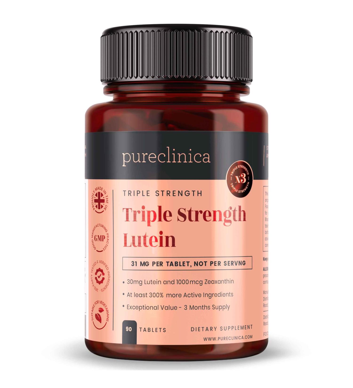pureclinica Lutein 30mg with Zeaxanthin 1000mcg Triple Strength Supplement 90 Tablets (3-Month Supply) 90 Count (Pack of 1) - Buy Online on GoSupps.com