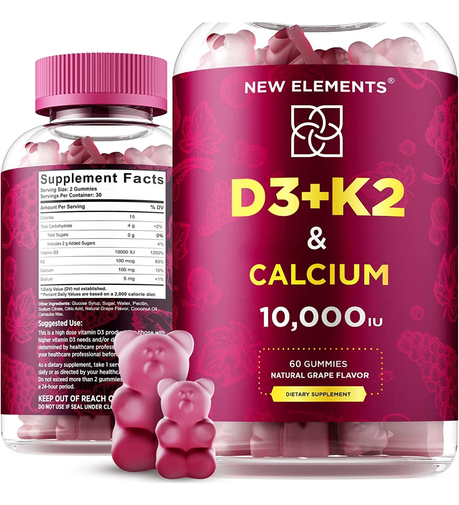 Sugar Free Vitamin D3 K2 Gummies 10000 IU with Calcium - Vegan Mk7 Vitamin K2 - Men & Women Vitamin D Supplement - Buy Online on GoSupps.com