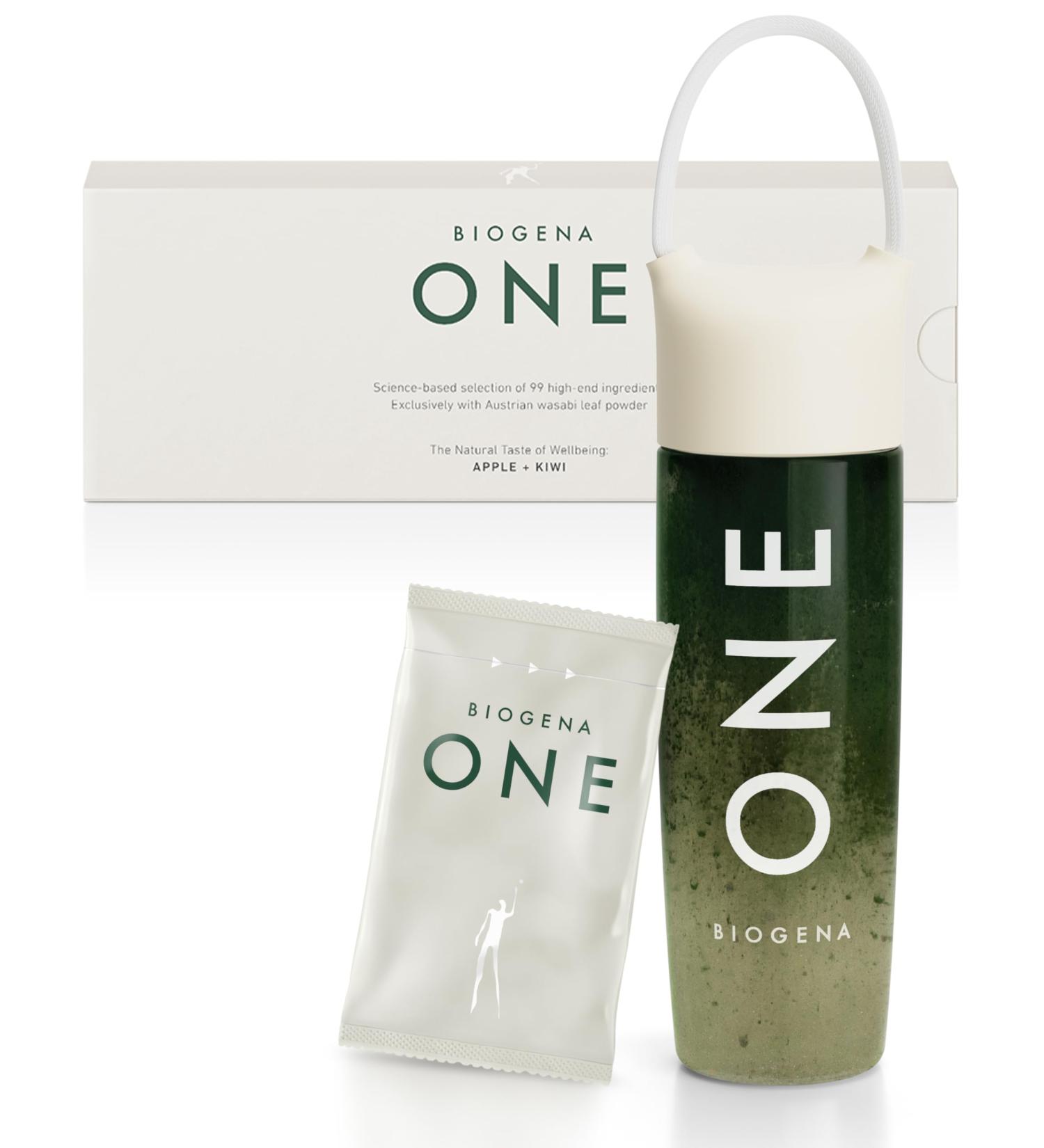 BIOGENA ONE All-in-one Greens Powder - Supports Energy Metabolism & Immune Function**- 99 Nutrients with Probiotics Vitamins & CoQ10 - No Added Sugar - Apple-Kiwi - 30 Travel Packs + Bottle - Buy Online on GoSupps.com