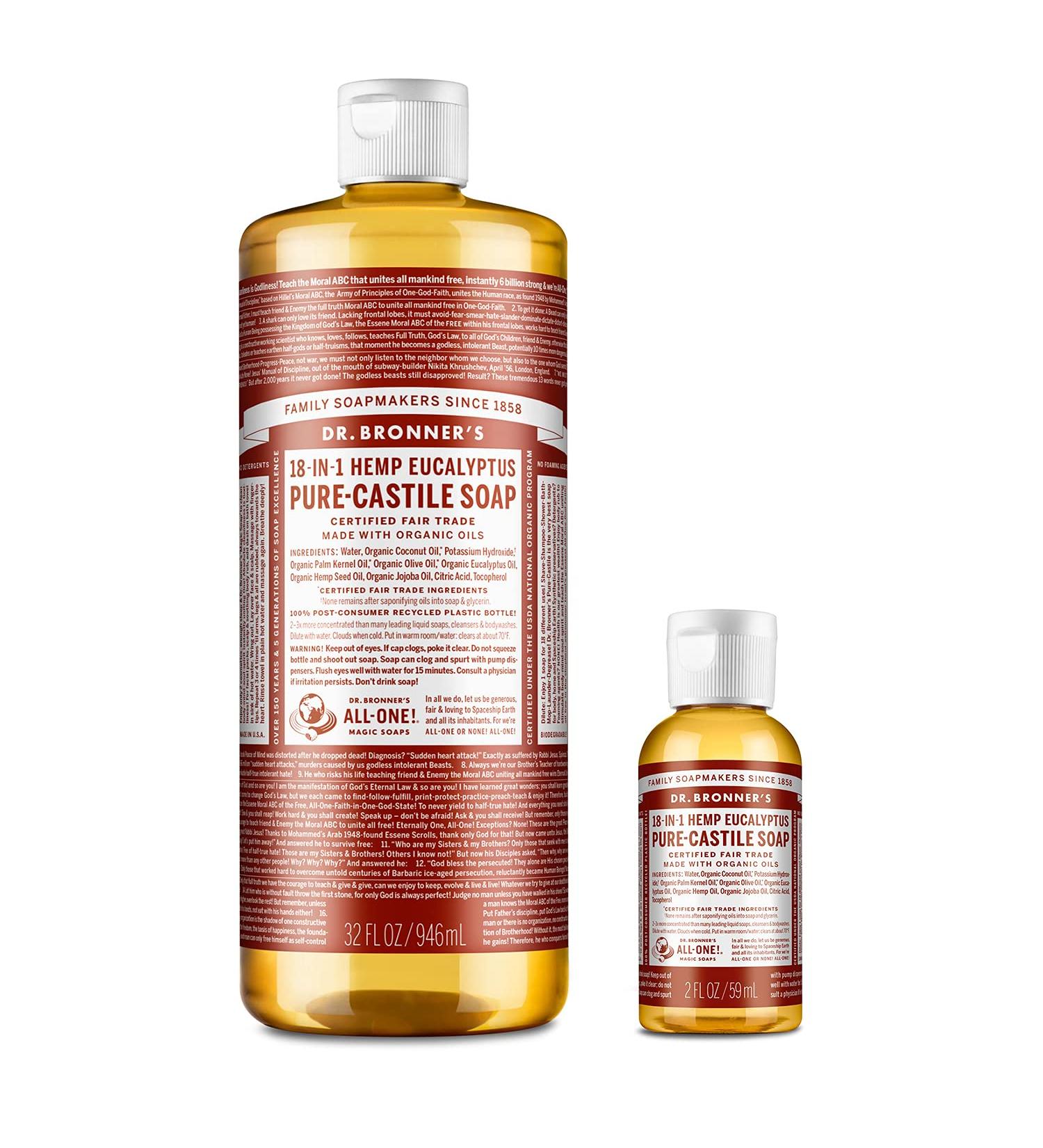 Dr. Bronner's Eucalyptus Pure-Castile Liquid Soap Bundle - 32 oz. Bottle + 2 oz. Travel Size - Buy Online on GoSupps.com