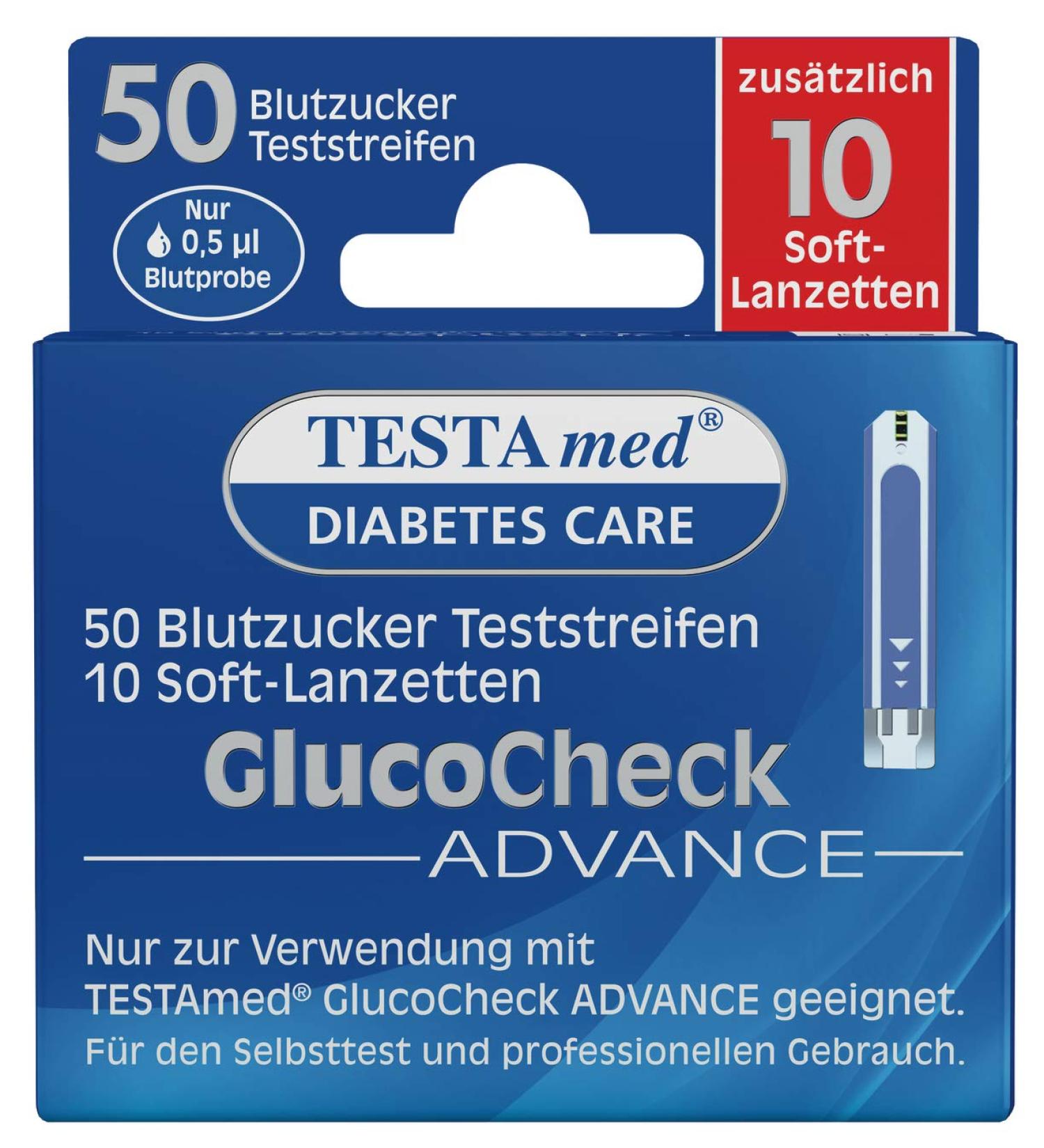 TESTAmed GlucoCheck Advance blood glucose test strips plus soft lancets 50 blood glucose test strips + 10 soft lancets