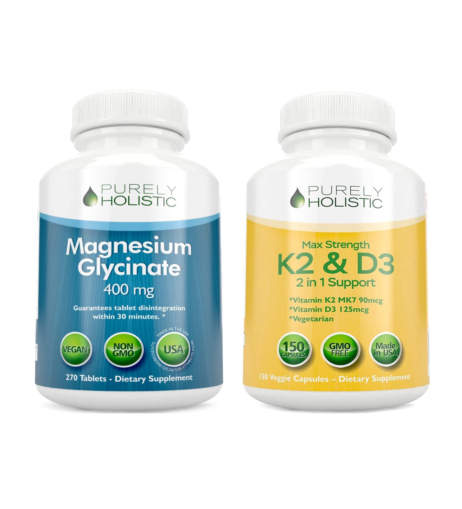 Magnesium Glycinate 400mg + Vitamin D3 125mcg K2 MK7 90mcg Bundle - 270 Tablets & 150 Capsules - Made in USA - Buy Online on GoSupps.com