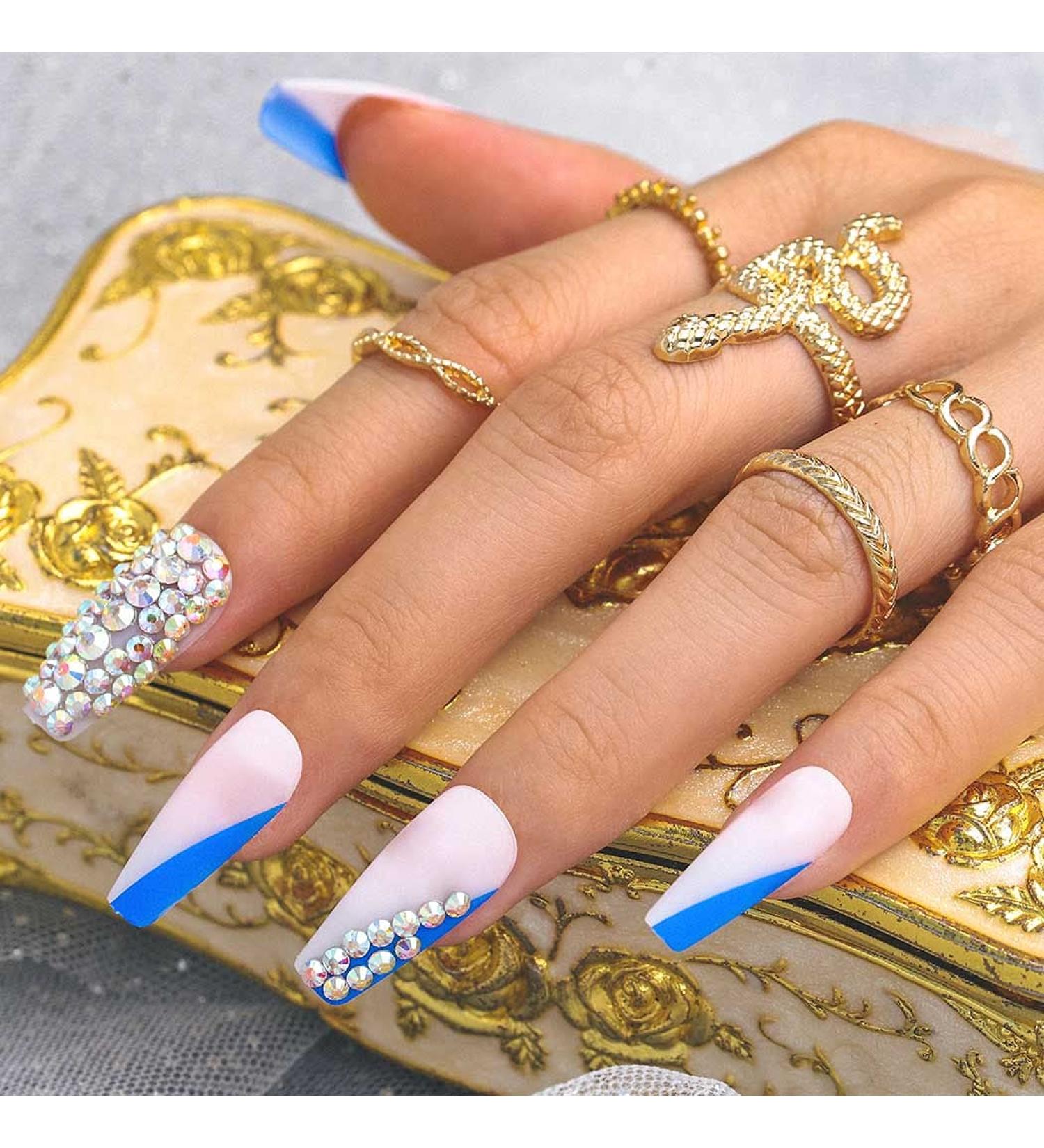 Sethexy Long Coffin False Nails - Crystal Sparkle Ballerina Acrylic Nails with Glue | 24 Premium Art Tips for Women & Girls - Buy Online on GoSupps.com