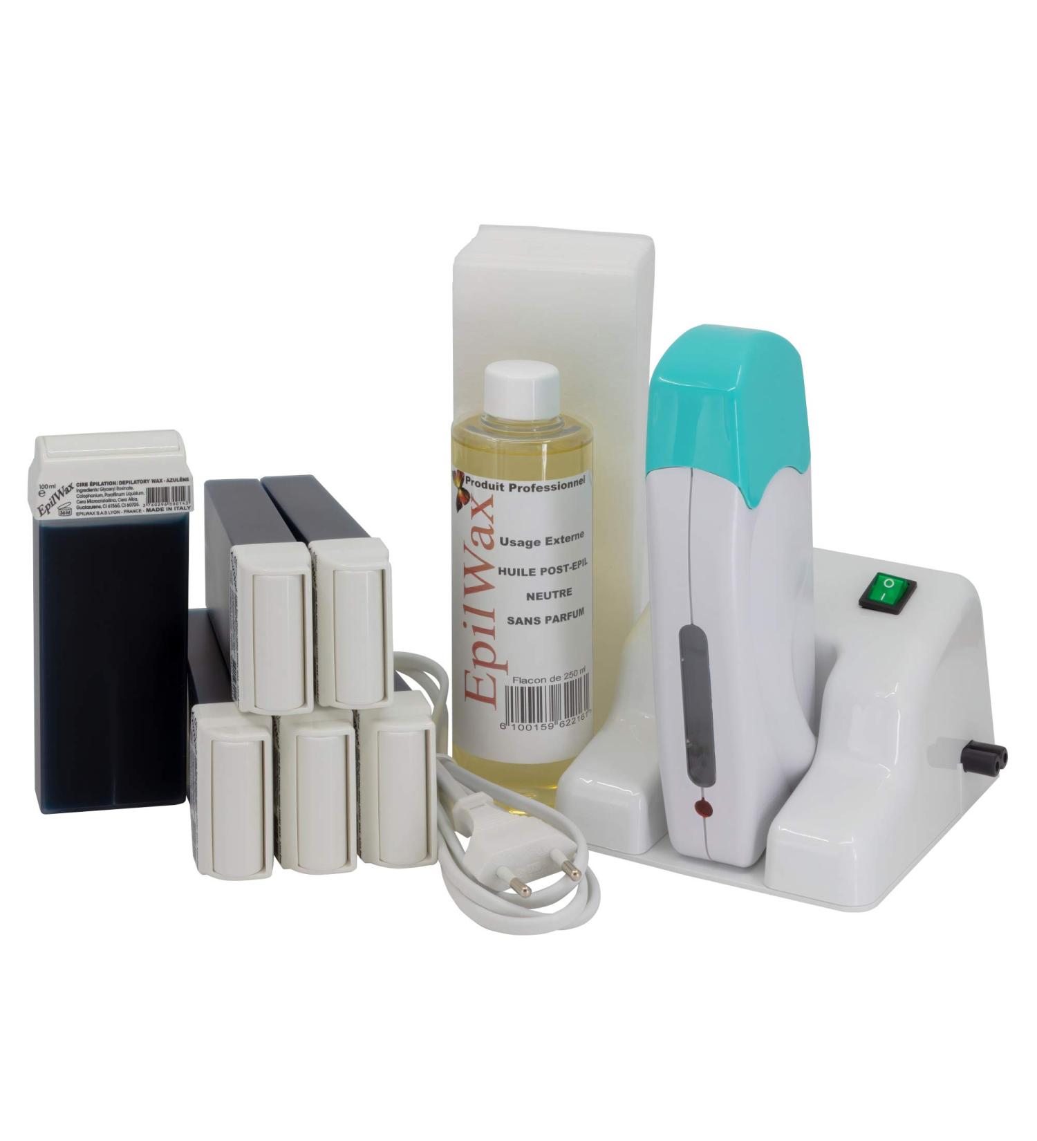 Epilwax Complete Hair Removal Waxing Kit with Modular Base - 6 Azulene Wax Cartridges, Roll-On Heater, 100 Strips & Waxing Oil - Buy Online on GoSupps.com