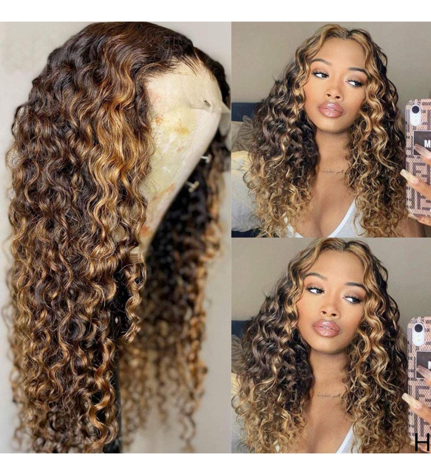 Nabeauty Highlight Lace Front Curly Wig 18 Inch | Human Hair T Part 13x6 Lace Frontal Wigs 4/27 | Pre Plucked with Baby Hair 130% Density - For Women - Buy Online on GoSupps.com