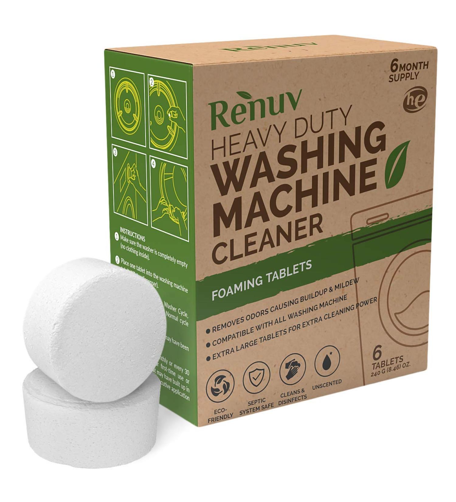 Renuv Washing Machine Cleaner Tablets - 40g Eco-Friendly Solution for Front Load, Top Load, HE Machines - Deep Cleans and Dissolves Slowly for Maximum Effect - Buy Online on GoSupps.com