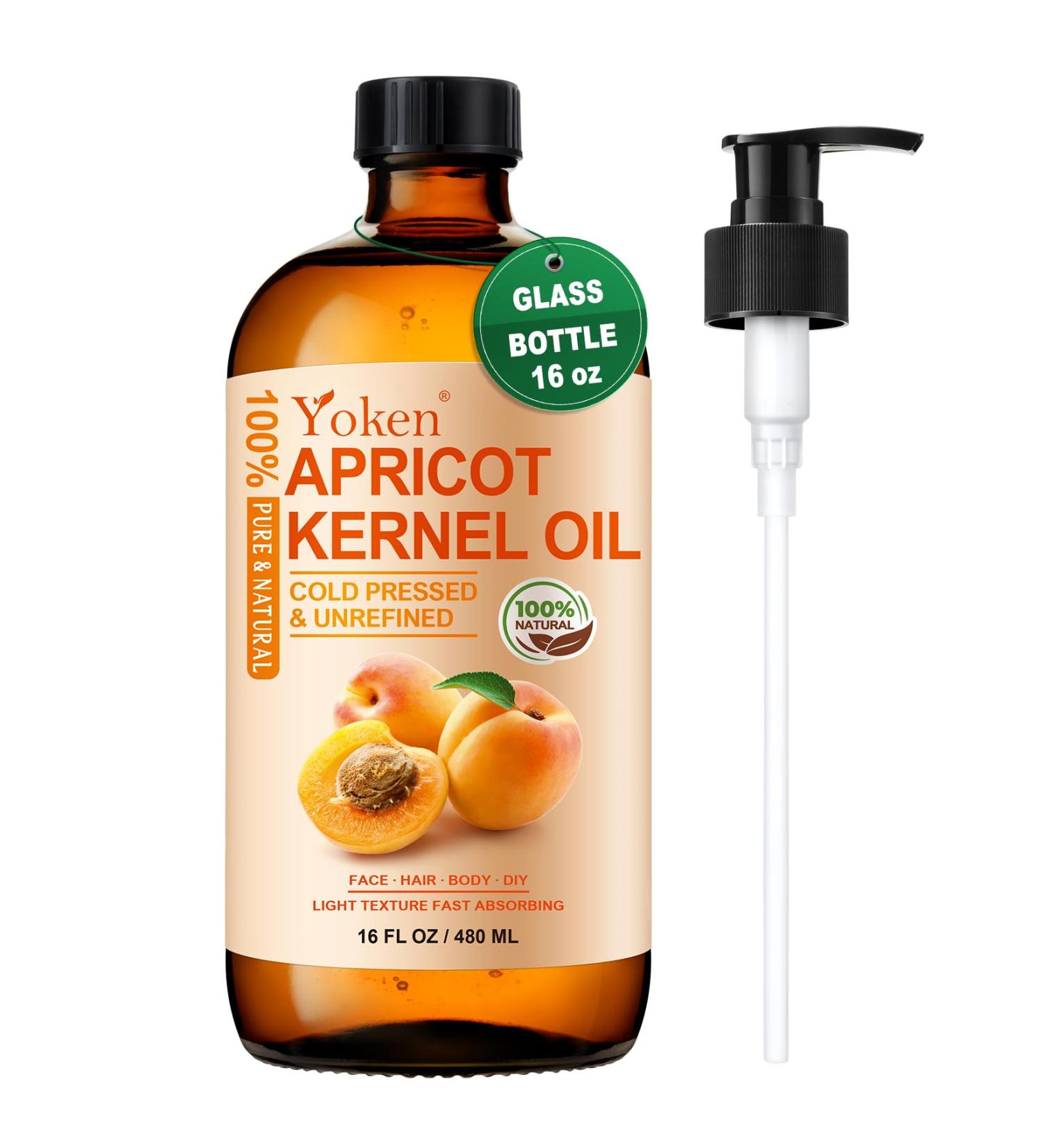 Yoken Cold Pressed Apricot Kernel Oil 16 fl oz Glass Bottle - Single Ingredient 100% Pure and Natural Apricot Oil Lightweight Carrier & Massage Oil for Skin & Hair Unscented & Hexane Free - Buy Online on GoSupps.com