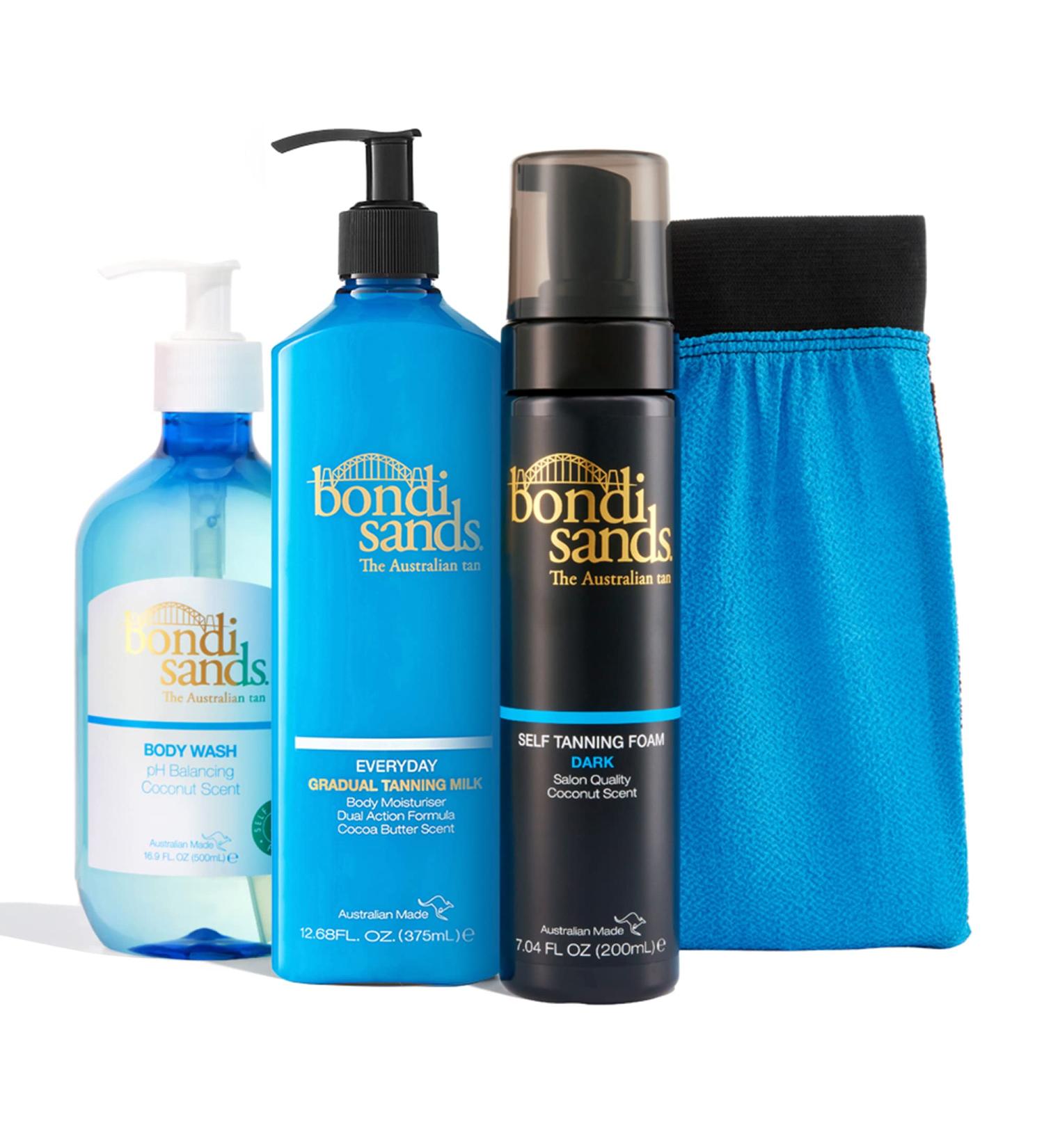Staycation Bundle: Bondi Sands Coconut Body Wash, Gradual Tanning Milk, Dark Self Tan Foam, Exfoliation Mitt - $65 Value - Buy Online on GoSupps.com