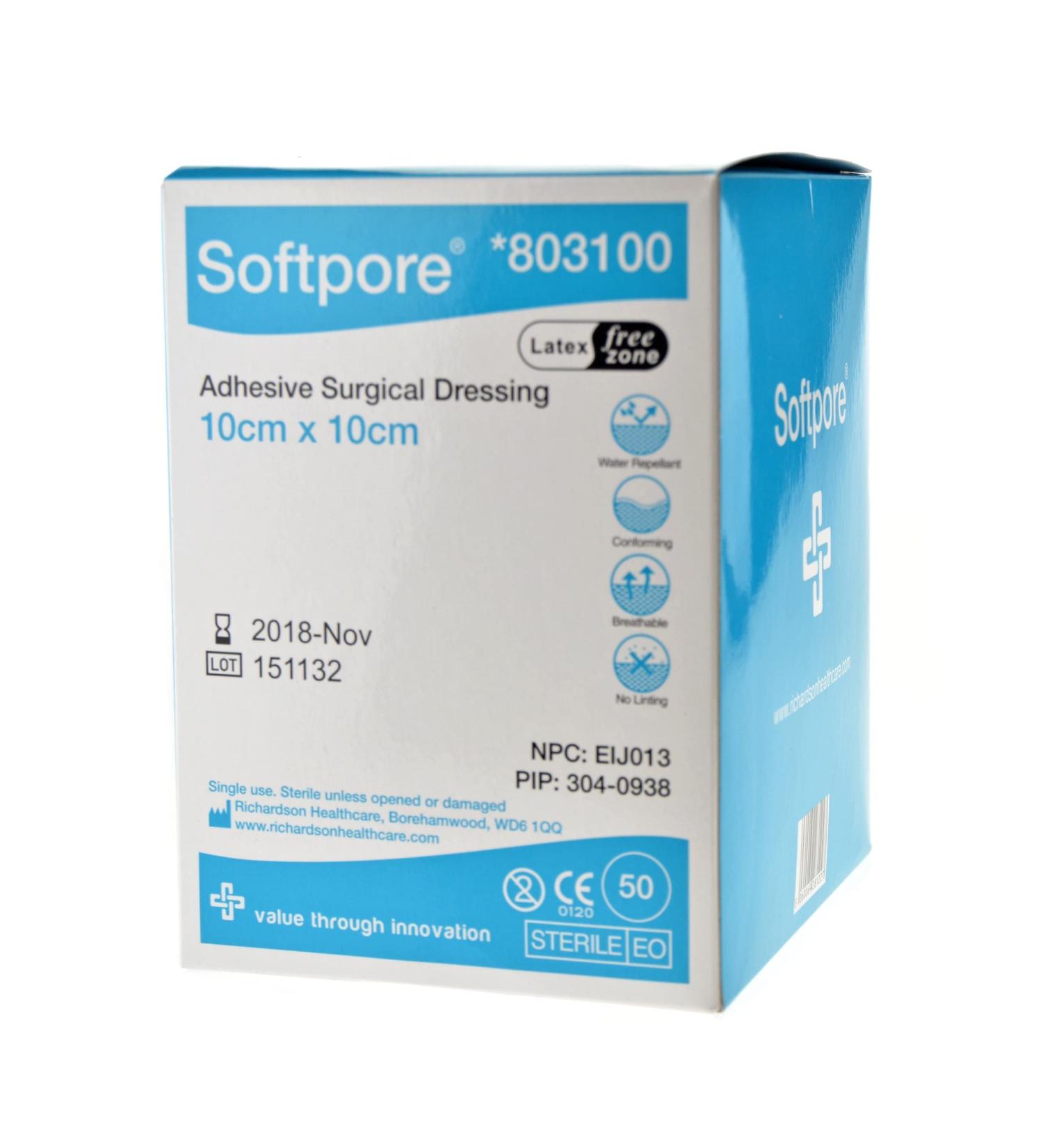 Softpore Adhesive Surgical Dressing 10cm x 10cm (10 Single DRESSINGS)