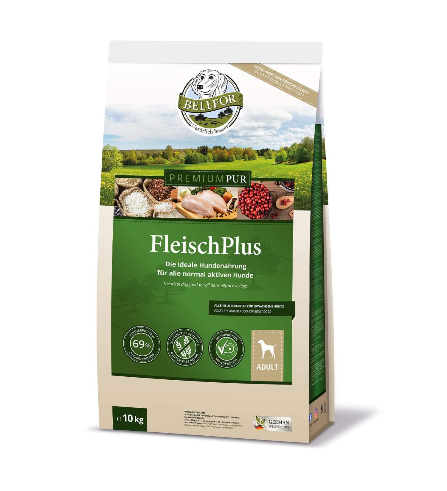 Bellfor Premium Pur FleischPlus Gluten-Free Croquettes with High Meat Content 10 kg - The Ideal Food for All Normally Active Dogs - Buy Online on GoSupps.com