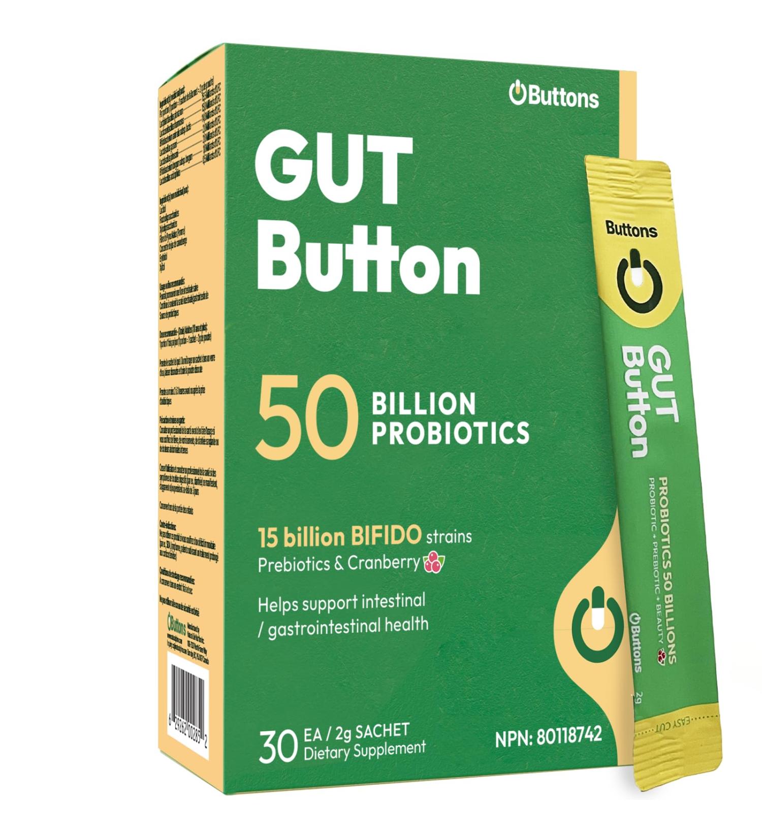 BUTTONS Gut Button Probiotics with Prebiotics Powder Support Gut Health Immune Health and Urinary Tract Health 50 Billion 7 Strains Adult Supplement for Men and Women 30 Day Supply - 30 Sticks - Buy Online on GoSupps.com