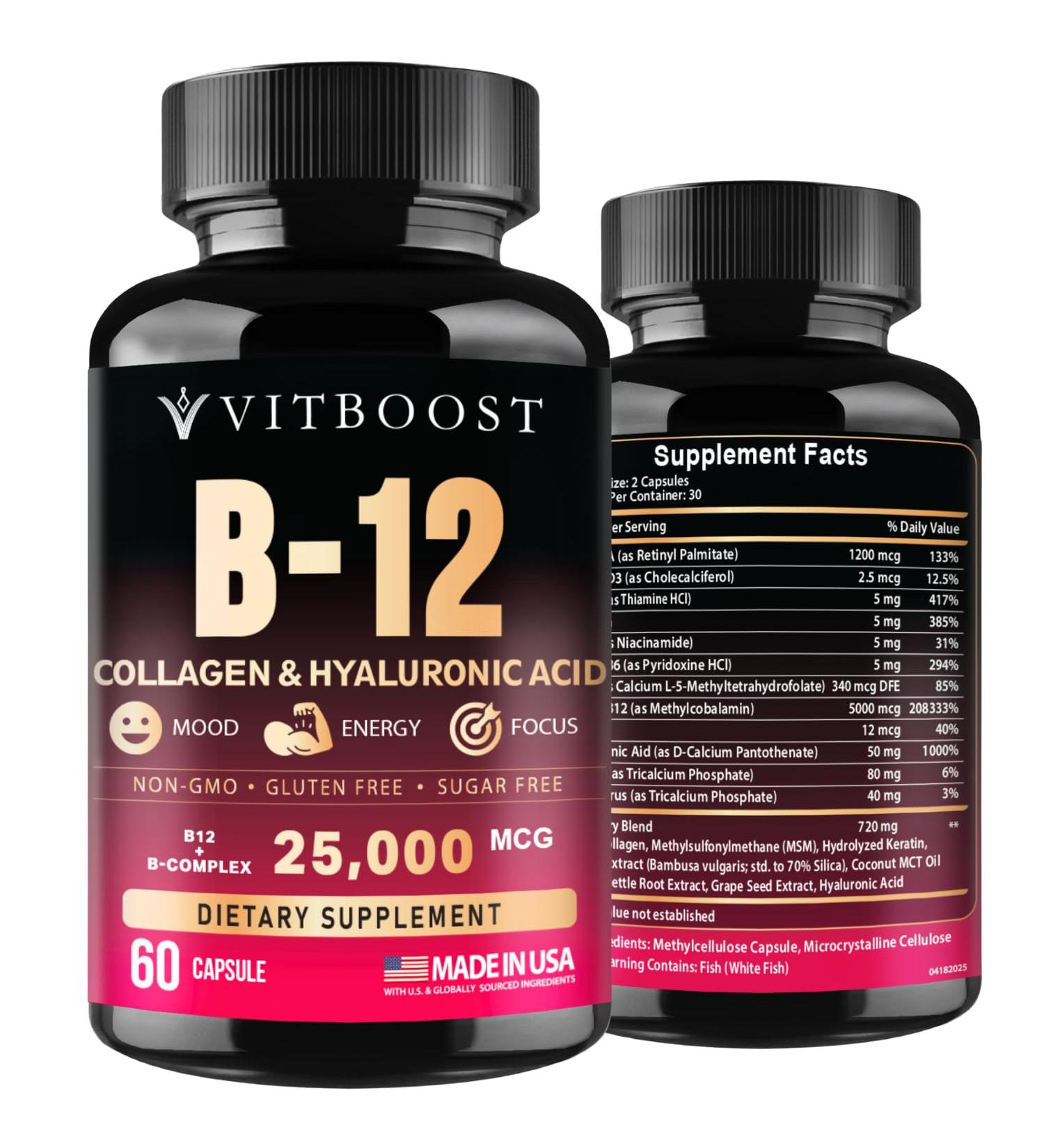 B12 with Hyaluronic Acid Collagen and Folate 25000 mcg B12 Complex | Maximize Absorption & Energy | Gluten Free USA Made B1 B2 B3 B6 B7 B12 vitamins 5000 mcg Methylcobalamin - 60 Capsules 60 Count (Pack of 1) - Buy Online on GoSupps.com