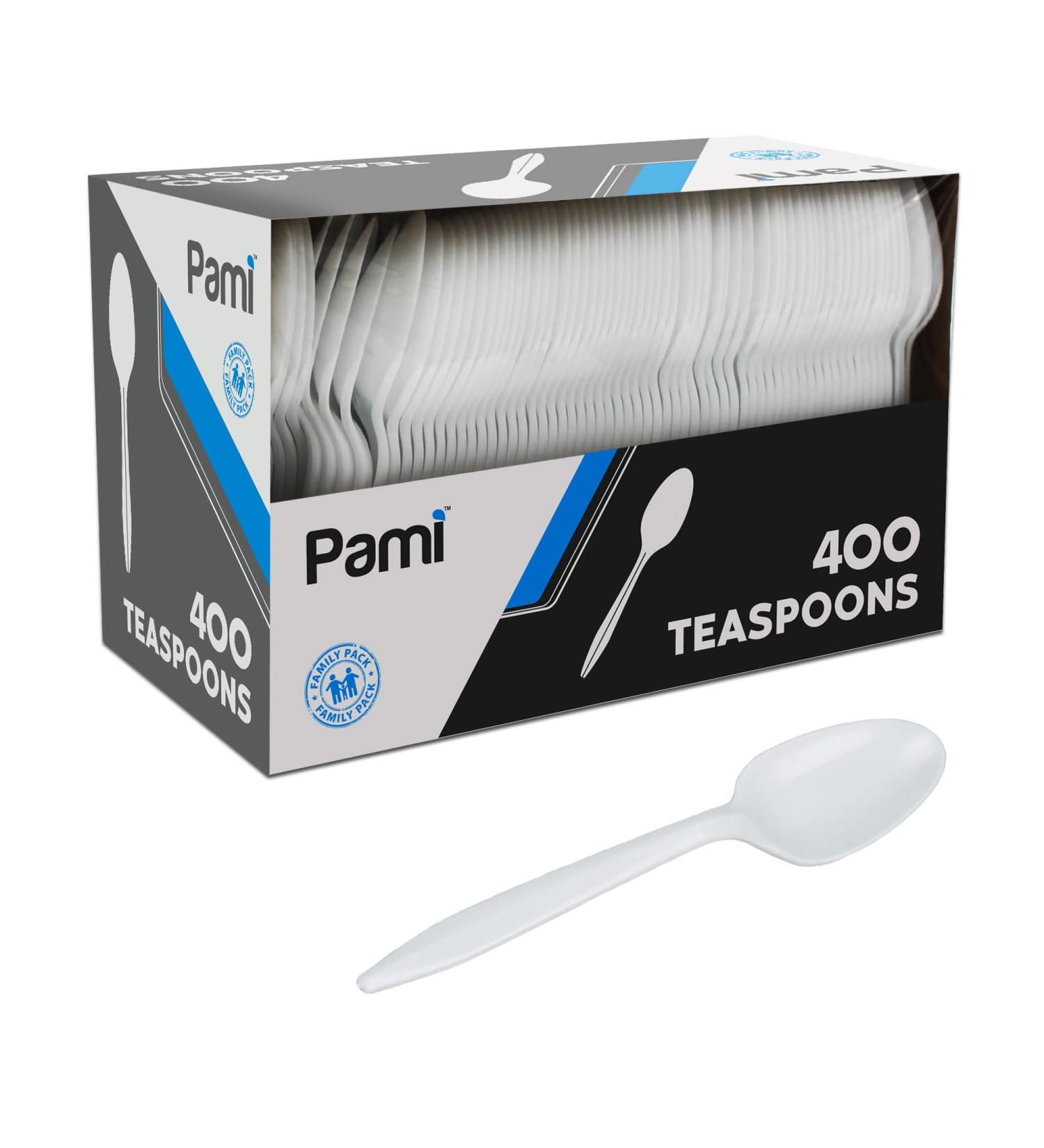 PAMI Medium-Weight Disposable Plastic Teaspoons 400-Pack - White Silverware for Parties, Catering & Takeaway - Sturdy Single-Use Spoons - Buy Online on GoSupps.com