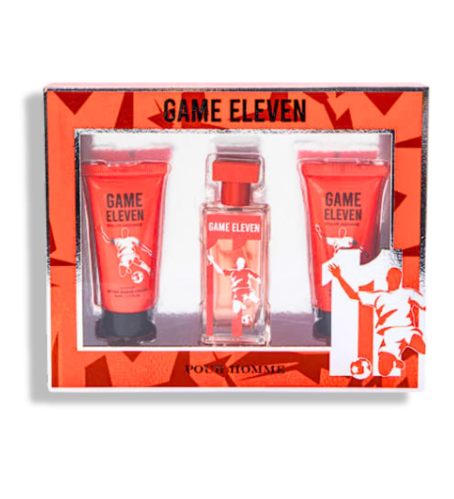 Mens Game Eleven Pour Homme Fragrance Gift Set 3-Piece. Includes 1 soothing After Shave Cream 1 Eau de Toilette Spray 1 Shower Gel. 5.1 FL. OZ. Woody Spicy fragrance for men. - Buy Online on GoSupps.com