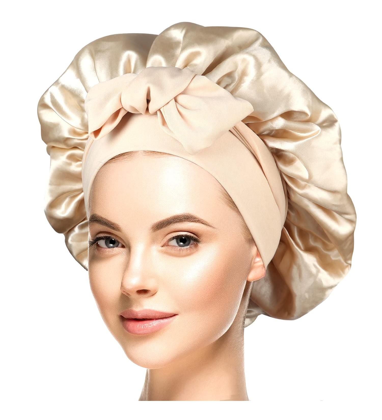 Satin Silk Bonnet Sleep Cap for Curly Hair | Double Layer Hair Bonnet with Stretchy Tie Band | Gold Large for Women - Buy Online on GoSupps.com