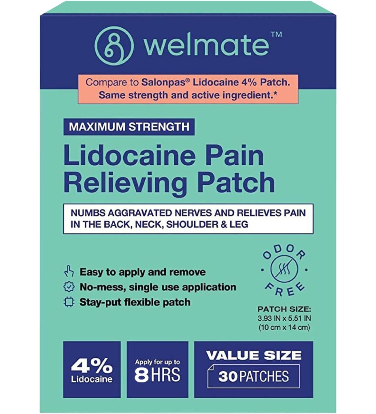 Welmate 4% Lidocaine Numbing Patch | Maximum Strength for Aches, Pains, Muscle Soreness & Joint Pain | Arthritis Relief | 30 Count Unscented Lidocaine Patch - Buy Online on GoSupps.com