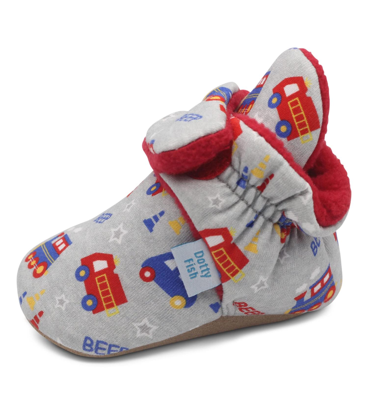 Dotty Fish Baby Booties | Fleece-Lined | Non-Slip Sole | Grey Trains & Cars | 0-6 Months - Buy Online on GoSupps.com