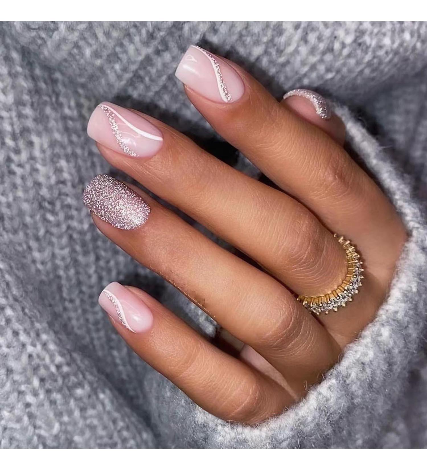 24pcs Short French False Nails - Almond Square Press On Nails with Glue - Silver Pink White Lines Design - For Women and Girls Nail Art - Buy Online on GoSupps.com