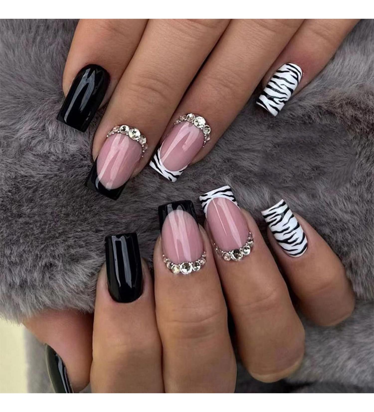 Zebra Design French Tip Square Press On Nails with Rhinestones - Medium Length False Nails for Women & Girls | Acrylic Full Cover Stick On Nails - Style 5 - Buy Online on GoSupps.com