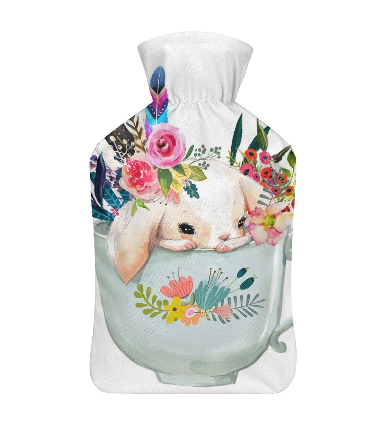 Rabbit Flower Hot Water Bottle with Plush Cover | Hand Warmer for Adults & Children | 26.5x15.3cm | International Shipping Available - Buy Online on GoSupps.com