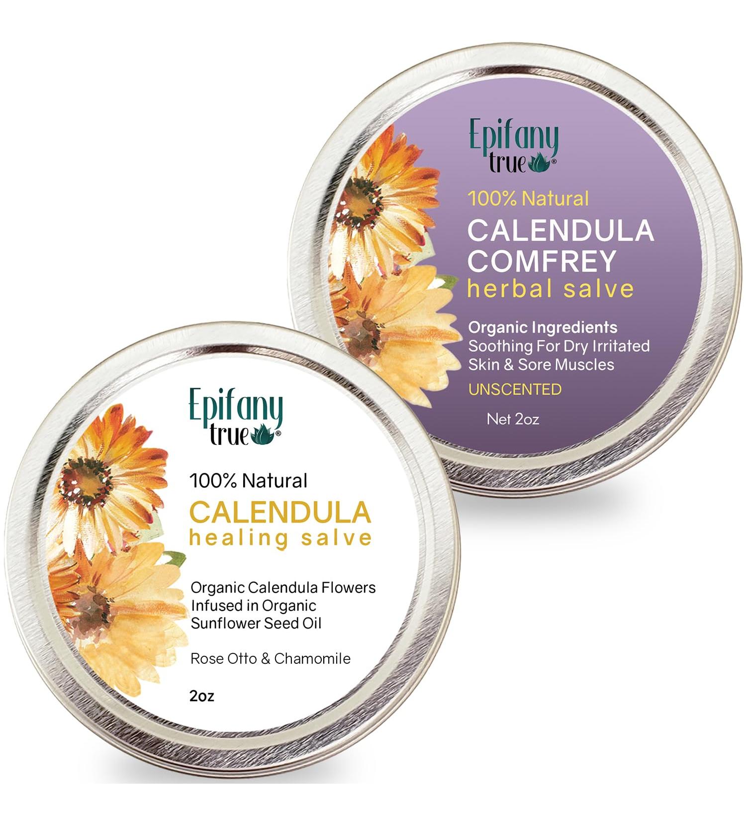 Epifany True Natural Calendula Salve 2oz + Calendula & Comfrey Herbal Salve 2oz Fragrance Free 2-Pack Bundle | Dry Skin Soothing Balm Eczema Cream Itch Relief - Buy Online on GoSupps.com