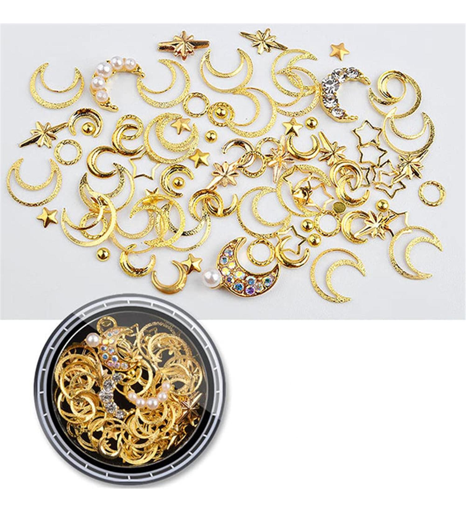 1Box Gold Silver Rivet Nail Studs 3D Nail Decoration Rhinestone Hollow Metal Stud Circle Star Round moon Mixed Manicure Accessories (XY-02)