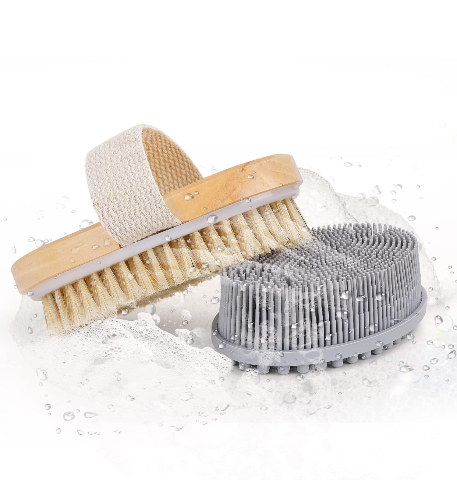 Set of 2 Body Brush for Exfoliation & Circulation Boost - Natural Bristle Dry Skin Brush & Soft Silicone Scrubber for all Skin Types - Gray/Brown - Buy Online on GoSupps.com