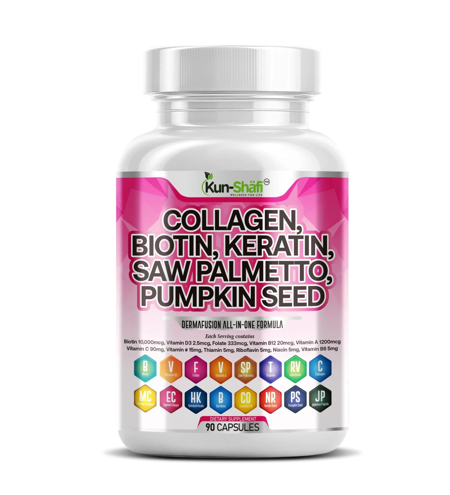 Kun Shafi Collagen Complex with Biotin 10000mcg Keratin Saw Palmetto & Hyaluronic Acid Hair Skin & Nails Vitamins for Women & Men with Pumpkin Seed Vitamin A B12 E C ED3 B2 & Zinc 90 Ct - Buy Online on GoSupps.com